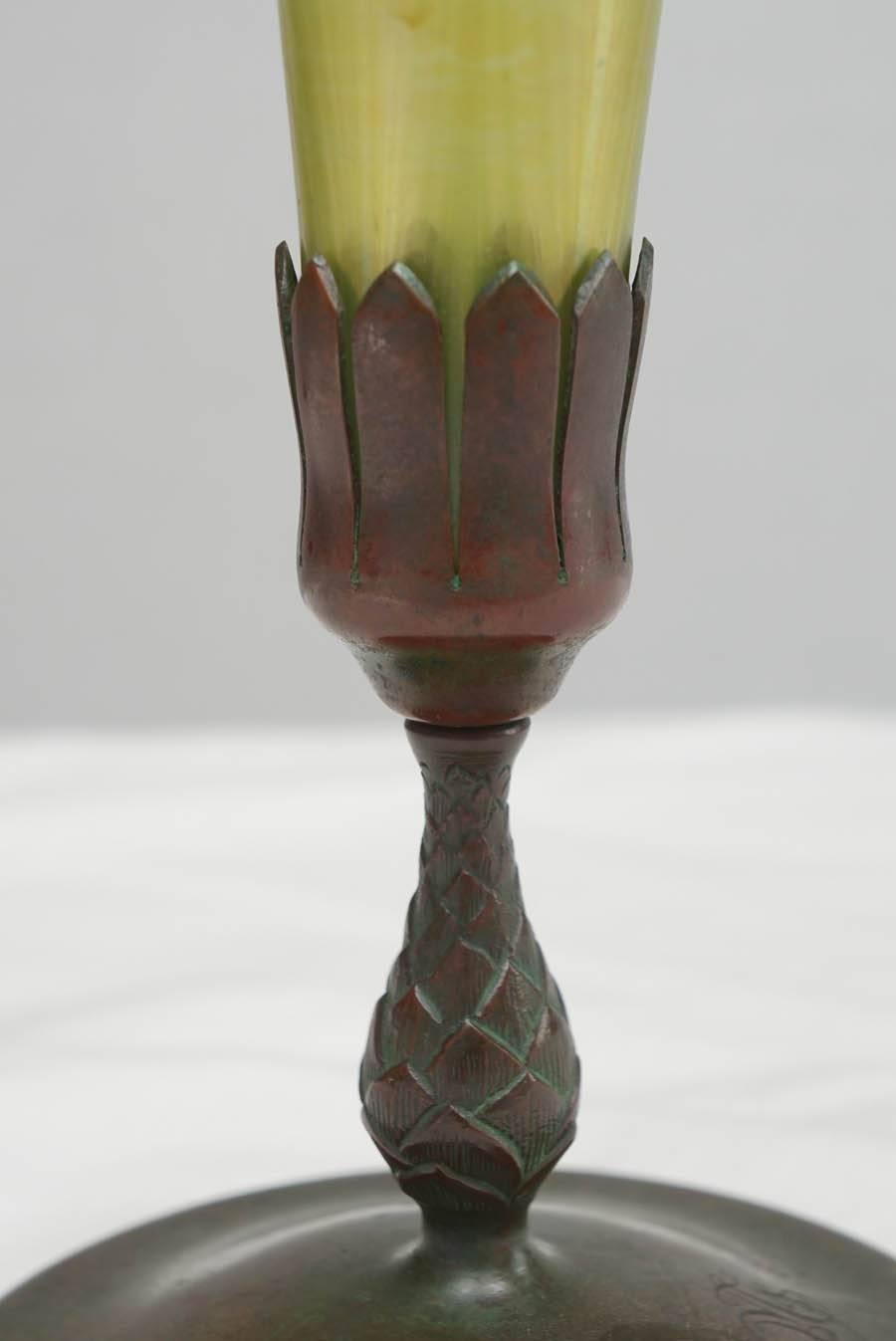 American Tiffany Studios Pulled Feather Trumpet Vase, Bronze Base For Sale