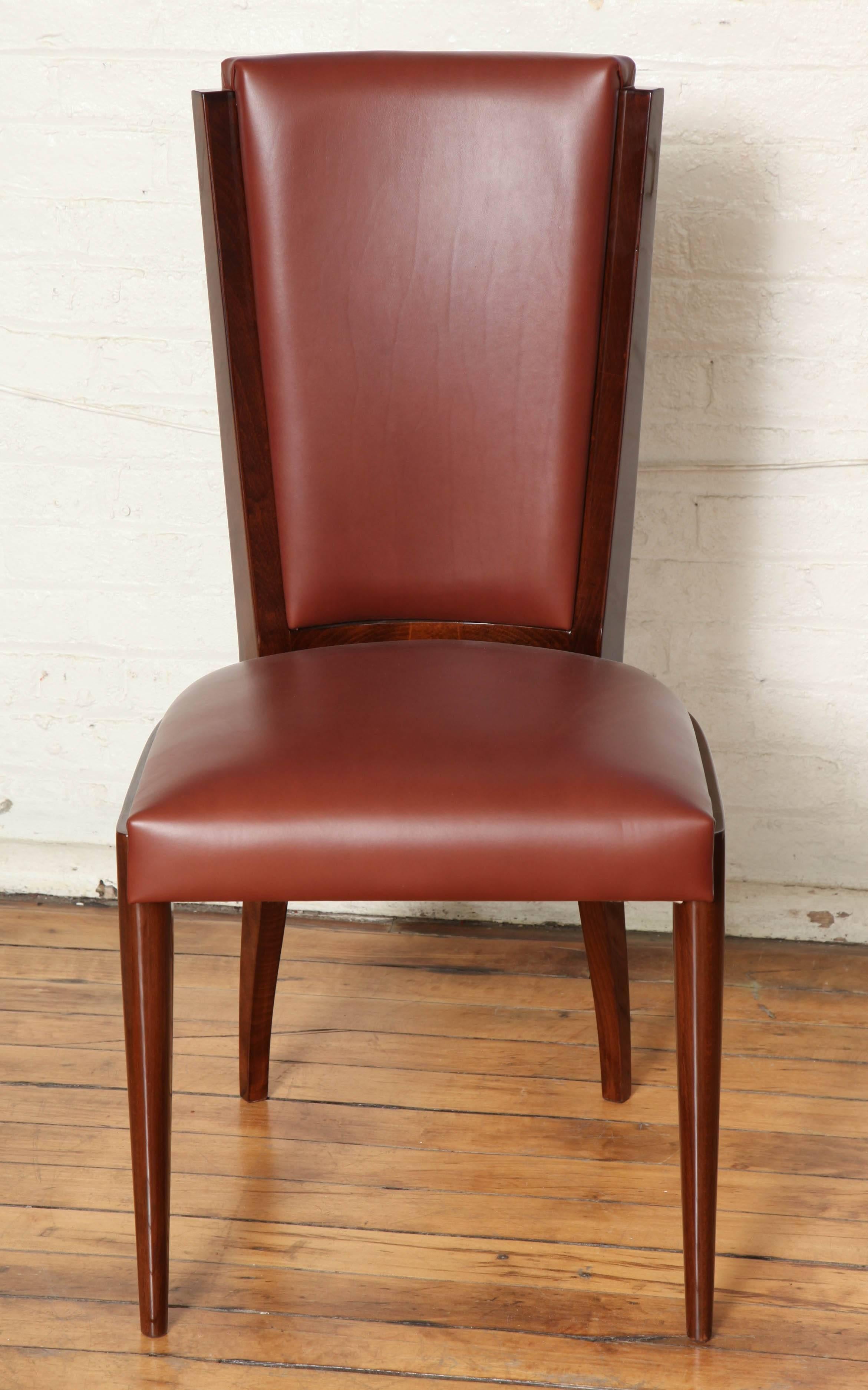 Superb suite of eight Art Deco dining chairs in walnut wood re-upholstered in buttery soft leather.