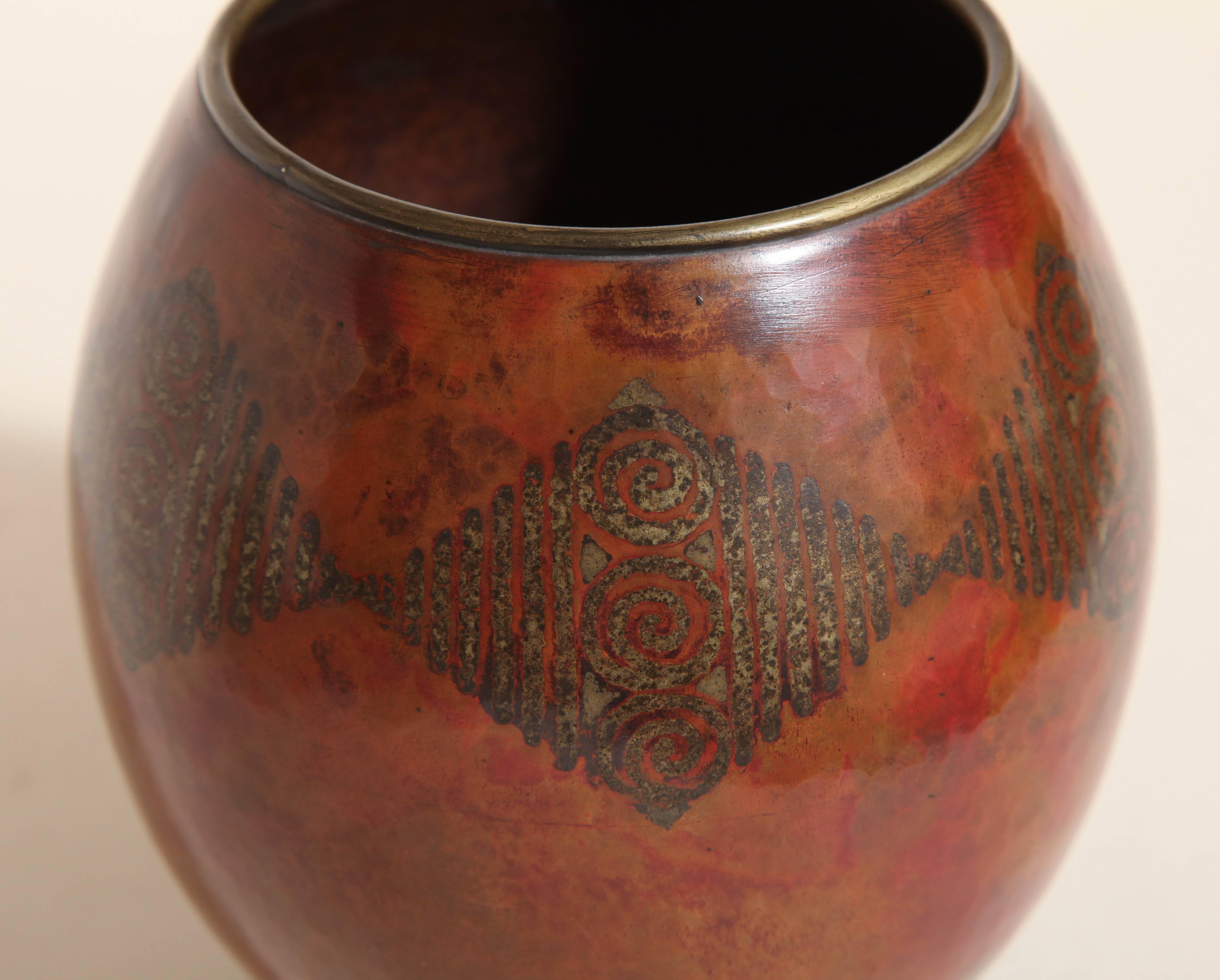 20th Century Claudius Linossier French Art Deco Copper Dinanderie Vase For Sale