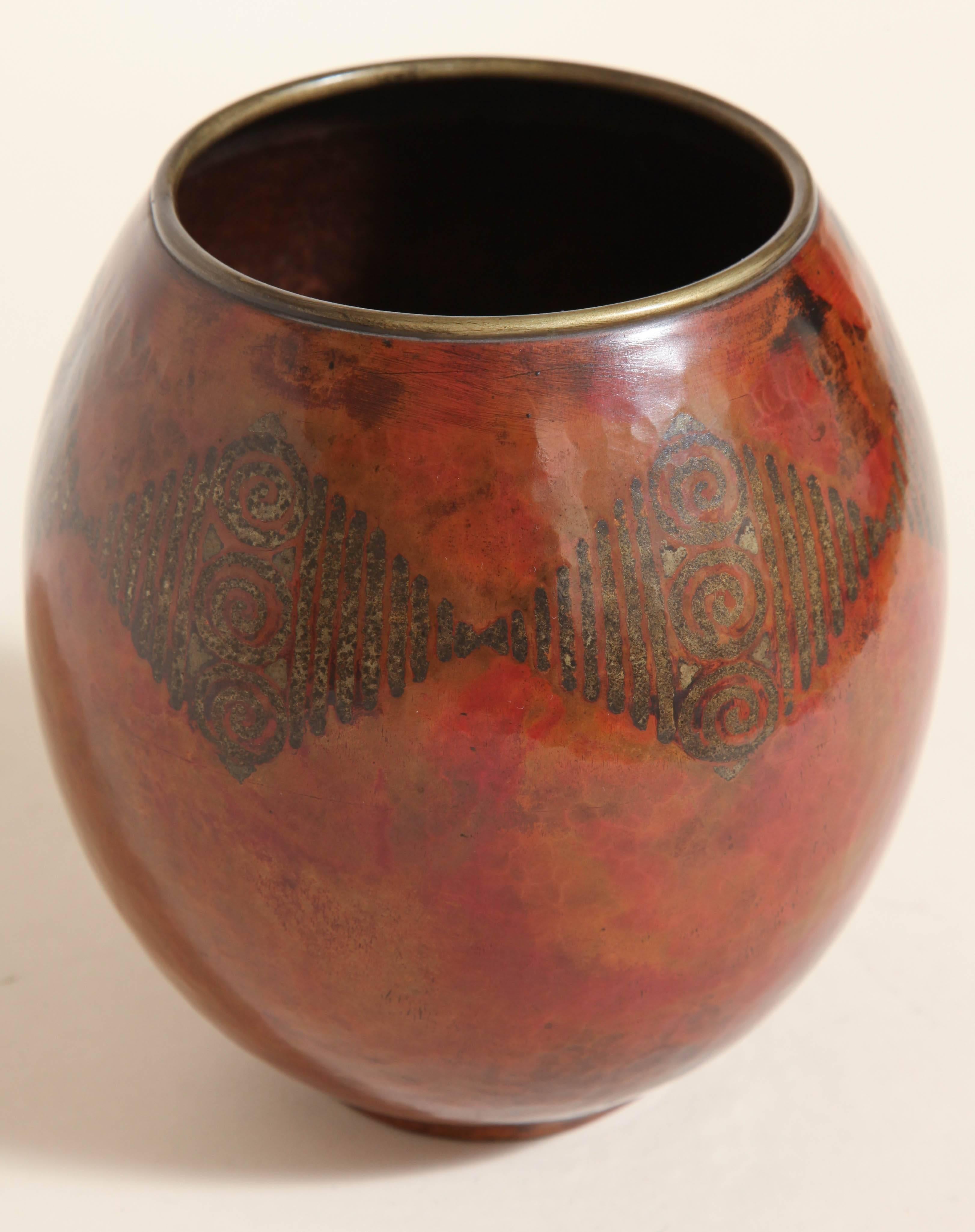 Claudius Linossier French Art Deco Copper Dinanderie Vase For Sale 1