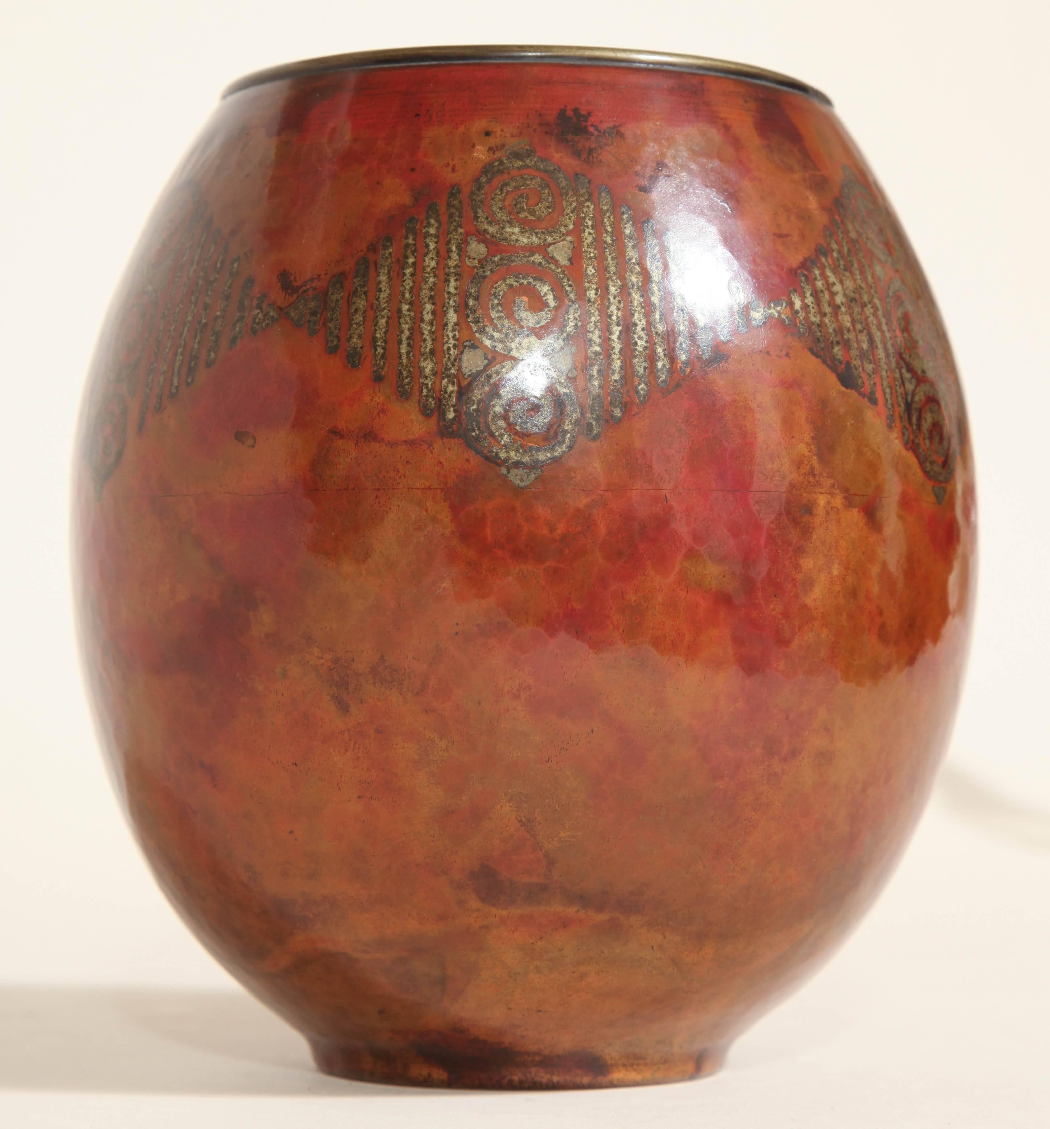 Claudius Linossier French Art Deco Copper Dinanderie Vase For Sale 3