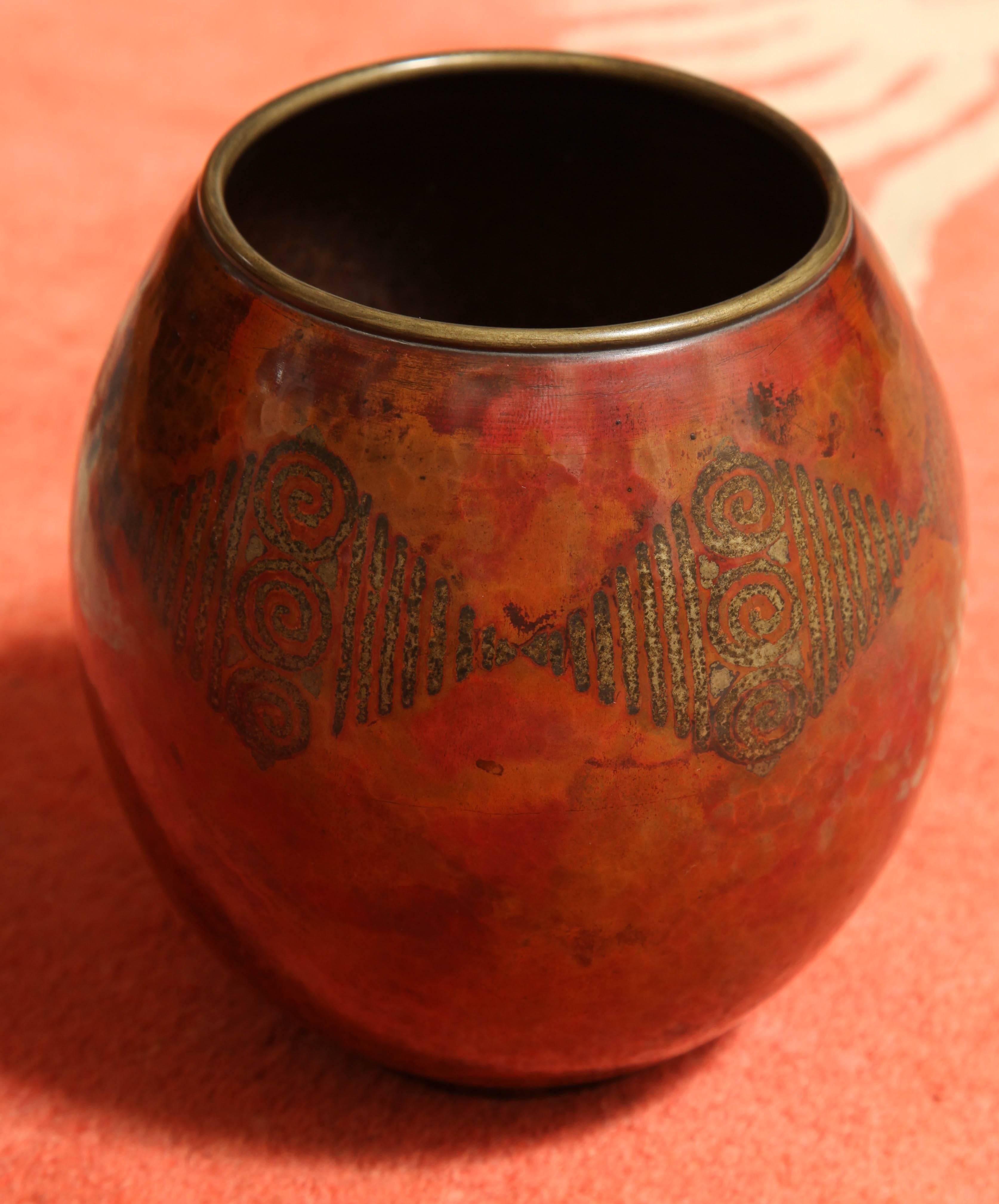 Claudius Linossier French Art Deco Copper Dinanderie Vase For Sale 6