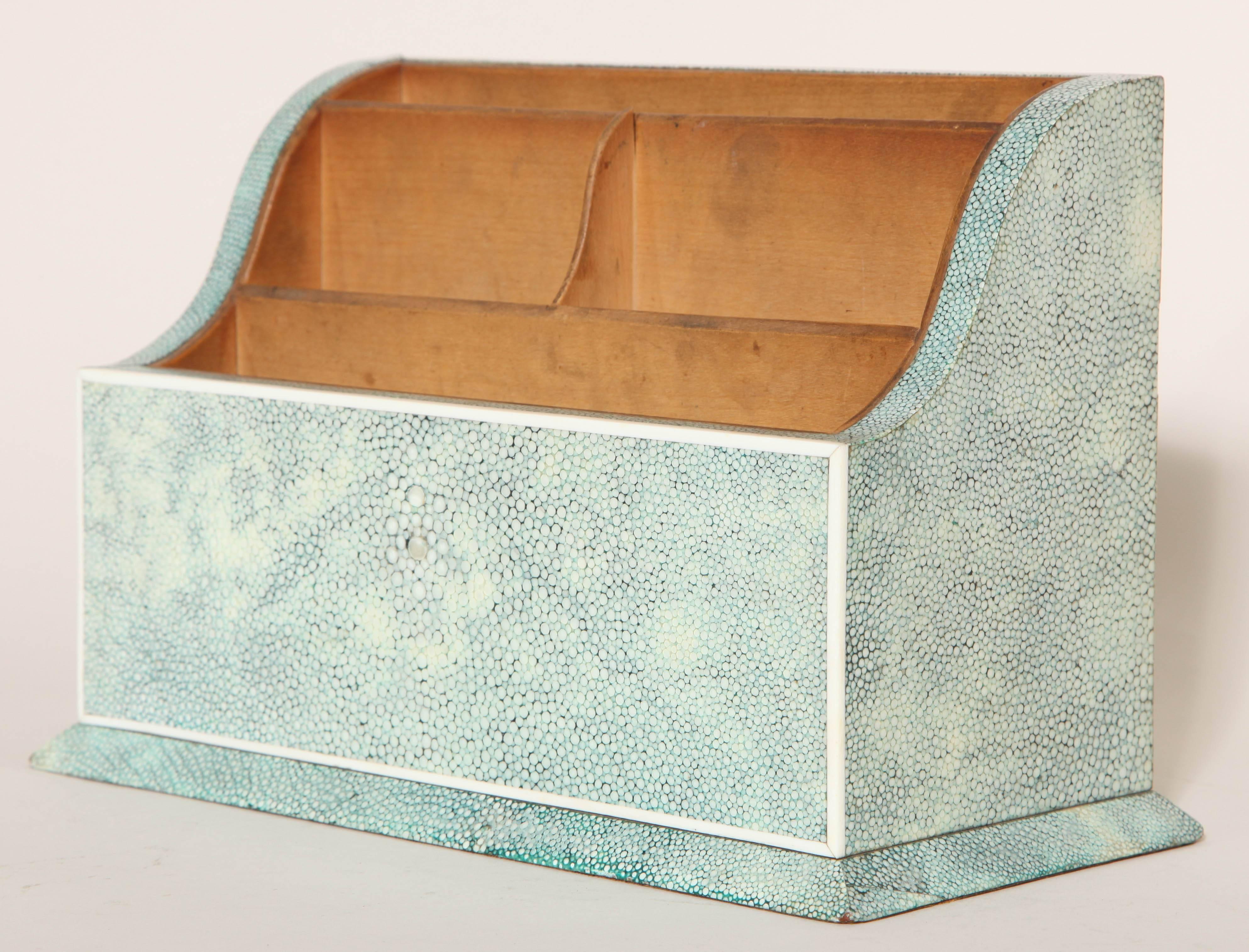 Green / Blue shagreen banded in bone and with multiple wood dividers.