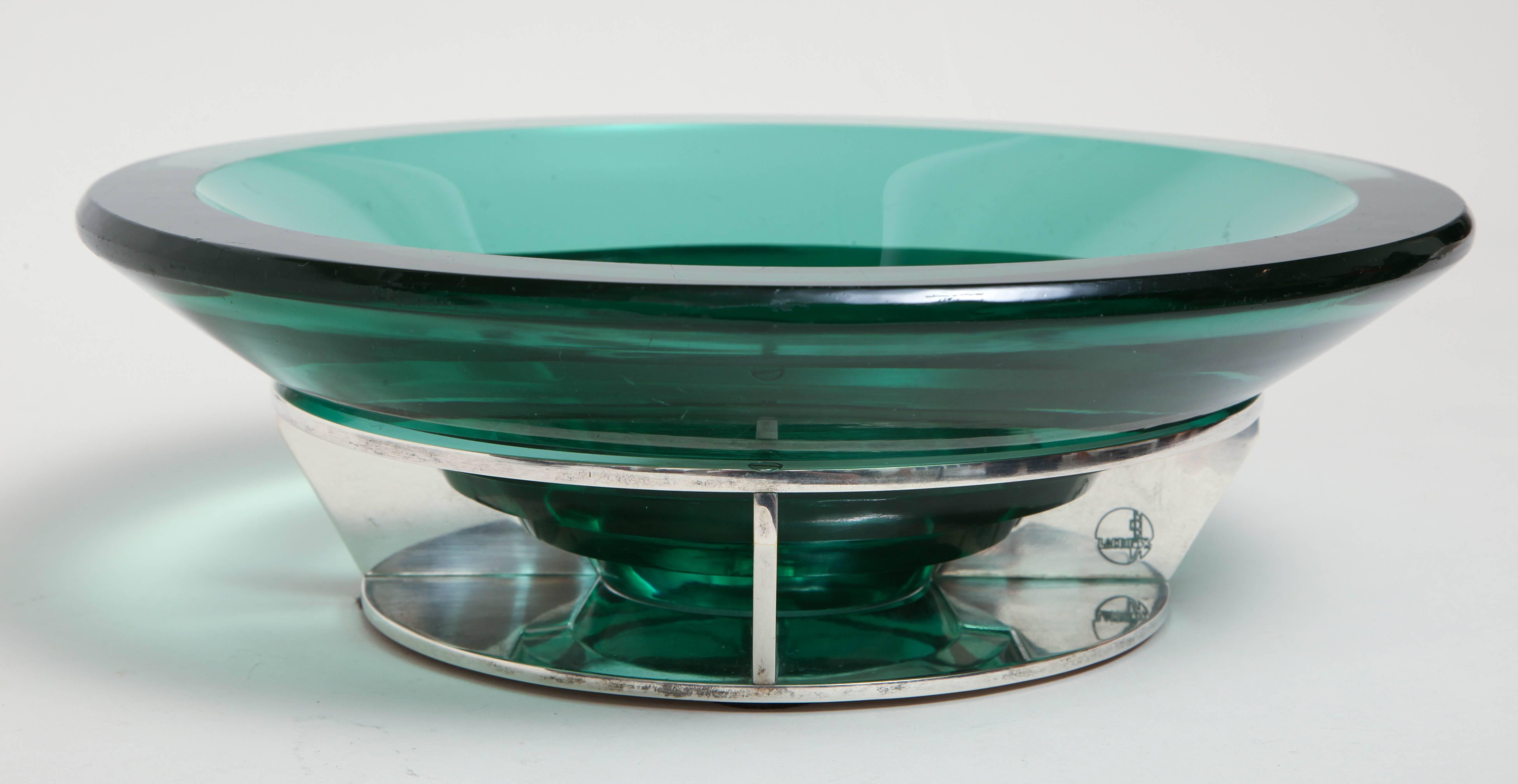 Boris Jean Lacroix & M. Goupy French Art Deco Nickel & Green Glass Coupe In Excellent Condition For Sale In New York, NY