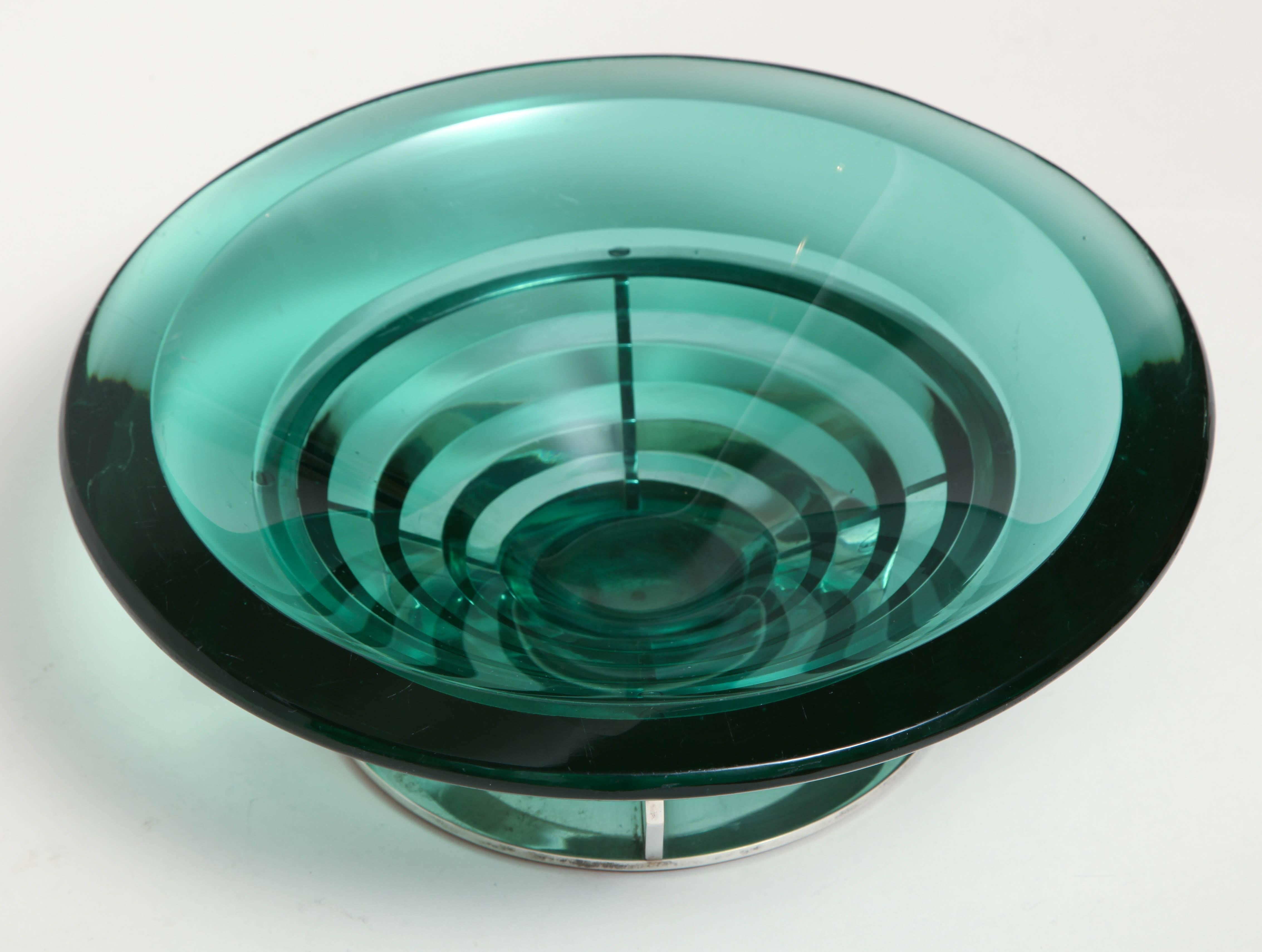 20th Century Boris Jean Lacroix & M. Goupy French Art Deco Nickel & Green Glass Coupe For Sale