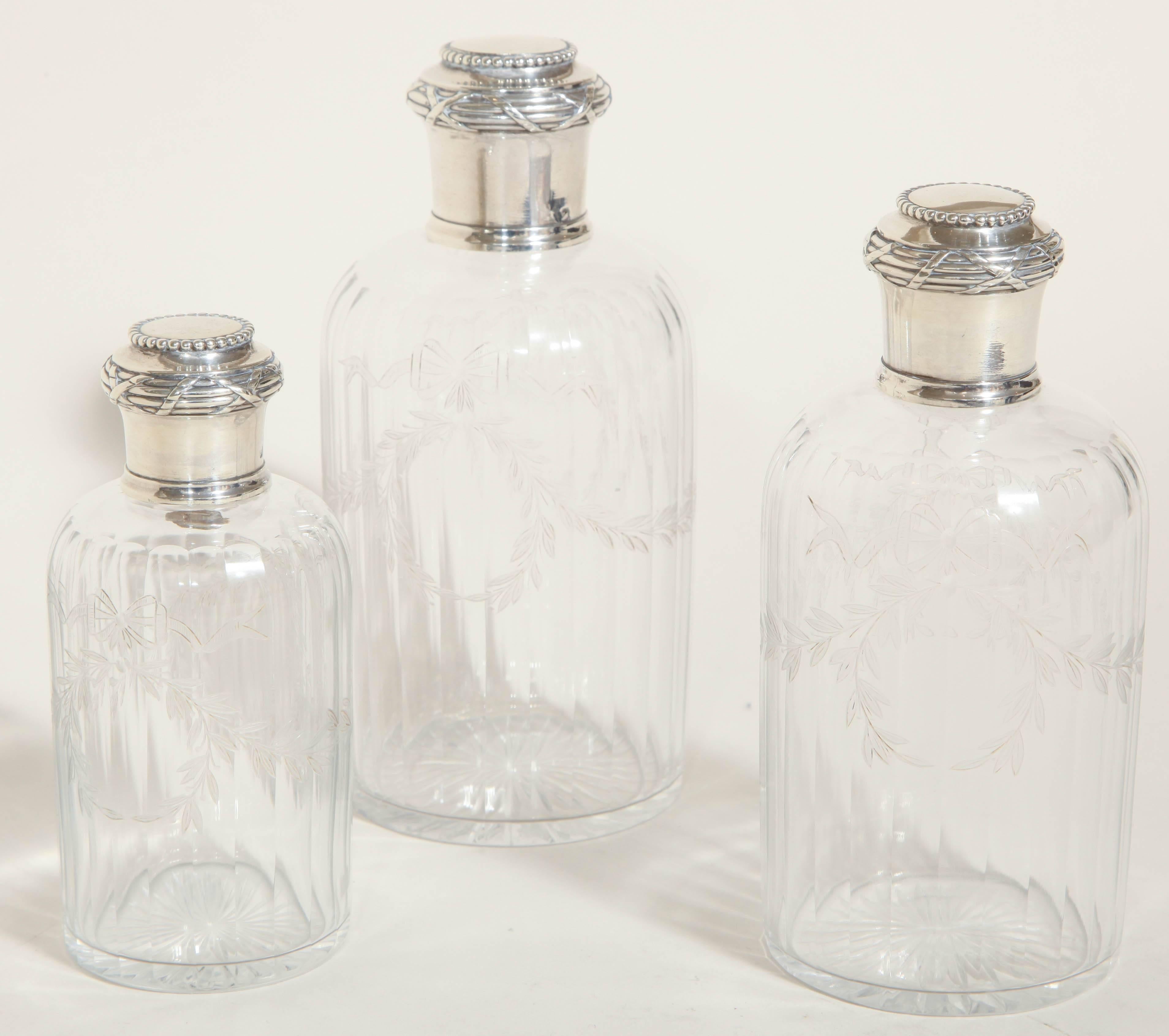 Boin Taburet French Art Deco Set of 3 Sterling Silver & Glass Scent Bottles In Excellent Condition For Sale In New York, NY