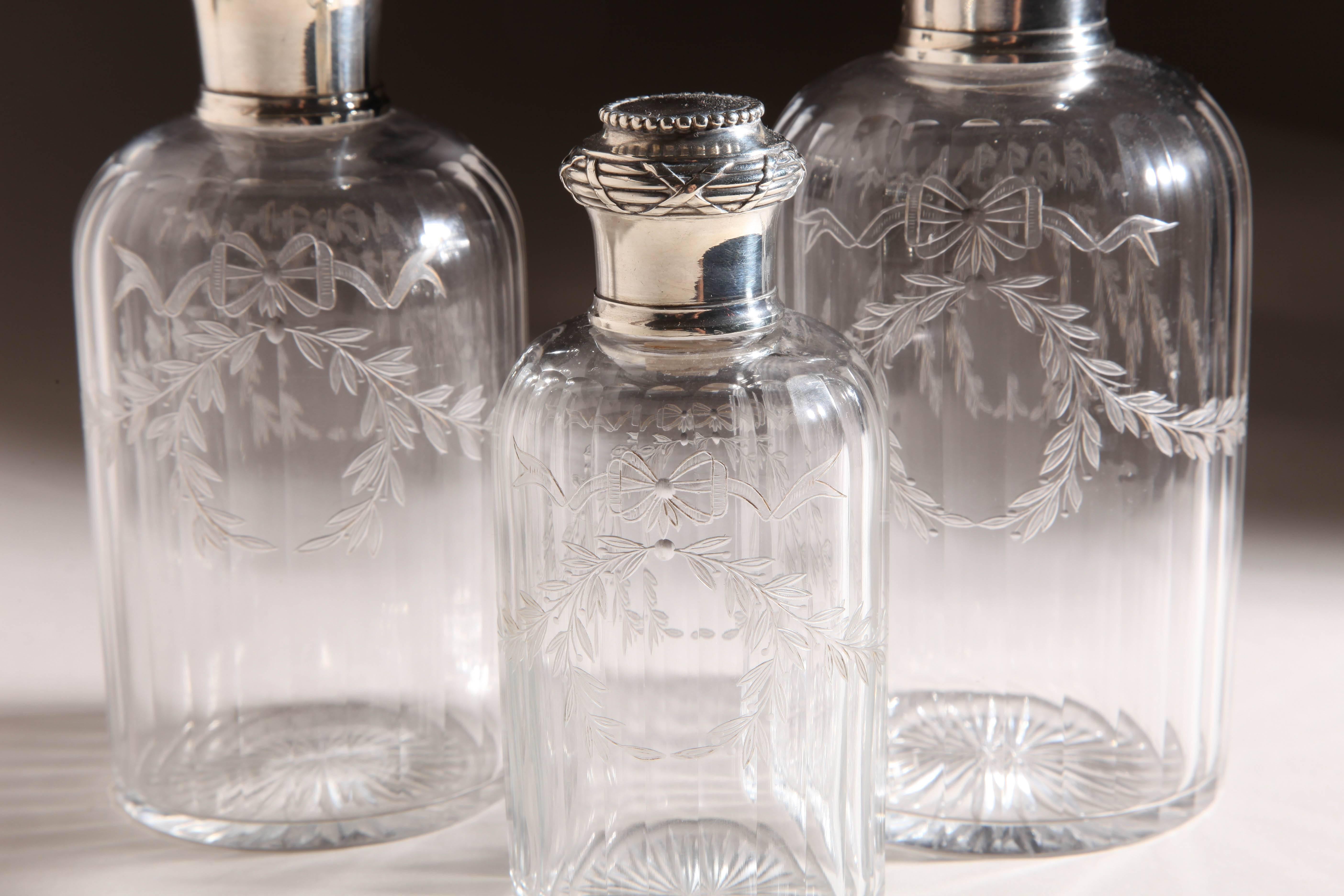 Boin Taburet French Art Deco Set of 3 Sterling Silver & Glass Scent Bottles For Sale 4