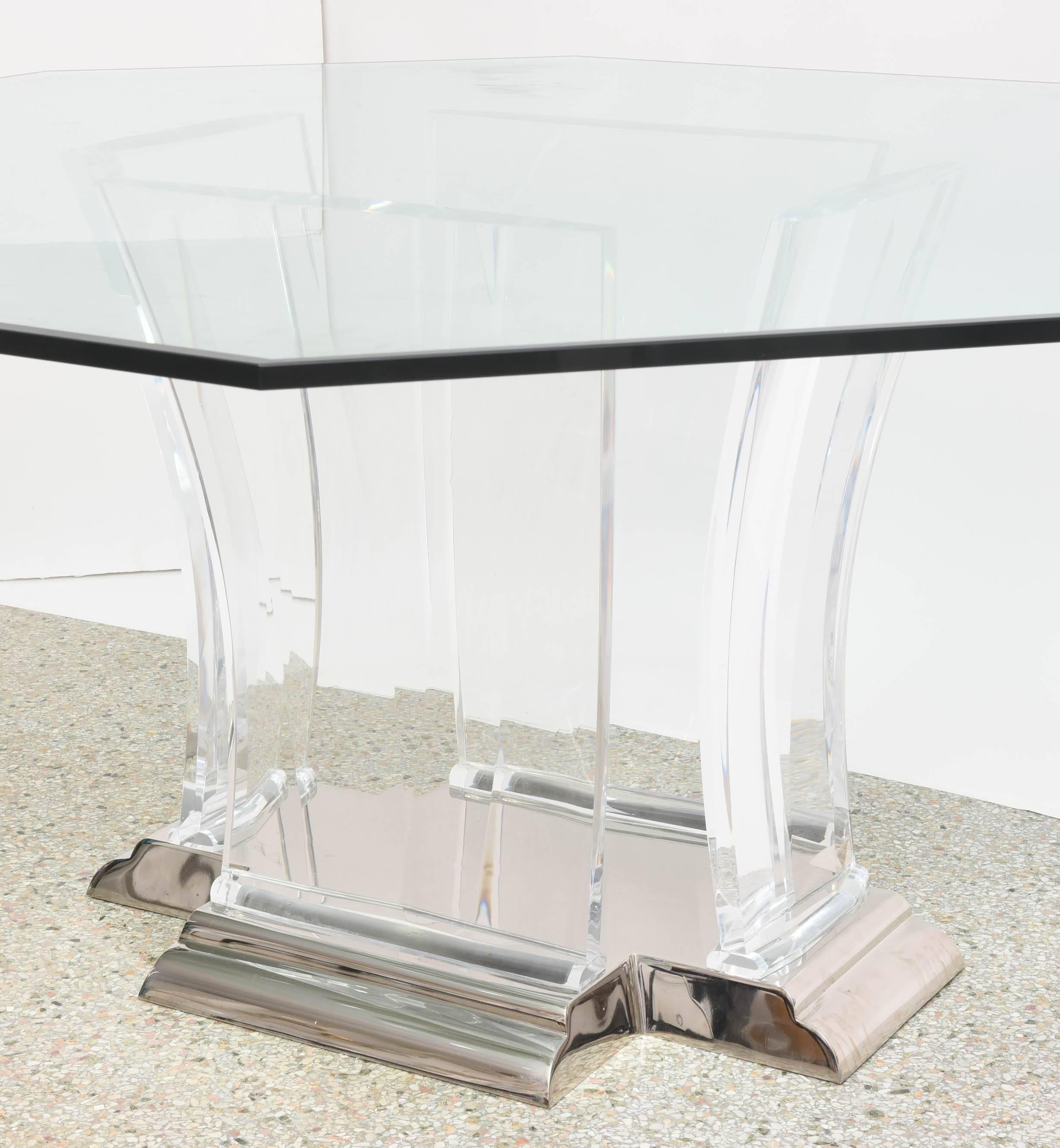 Metal Octagonal Dining Table in Lucite, Glass and Polished Nickel by Spectrum Limited