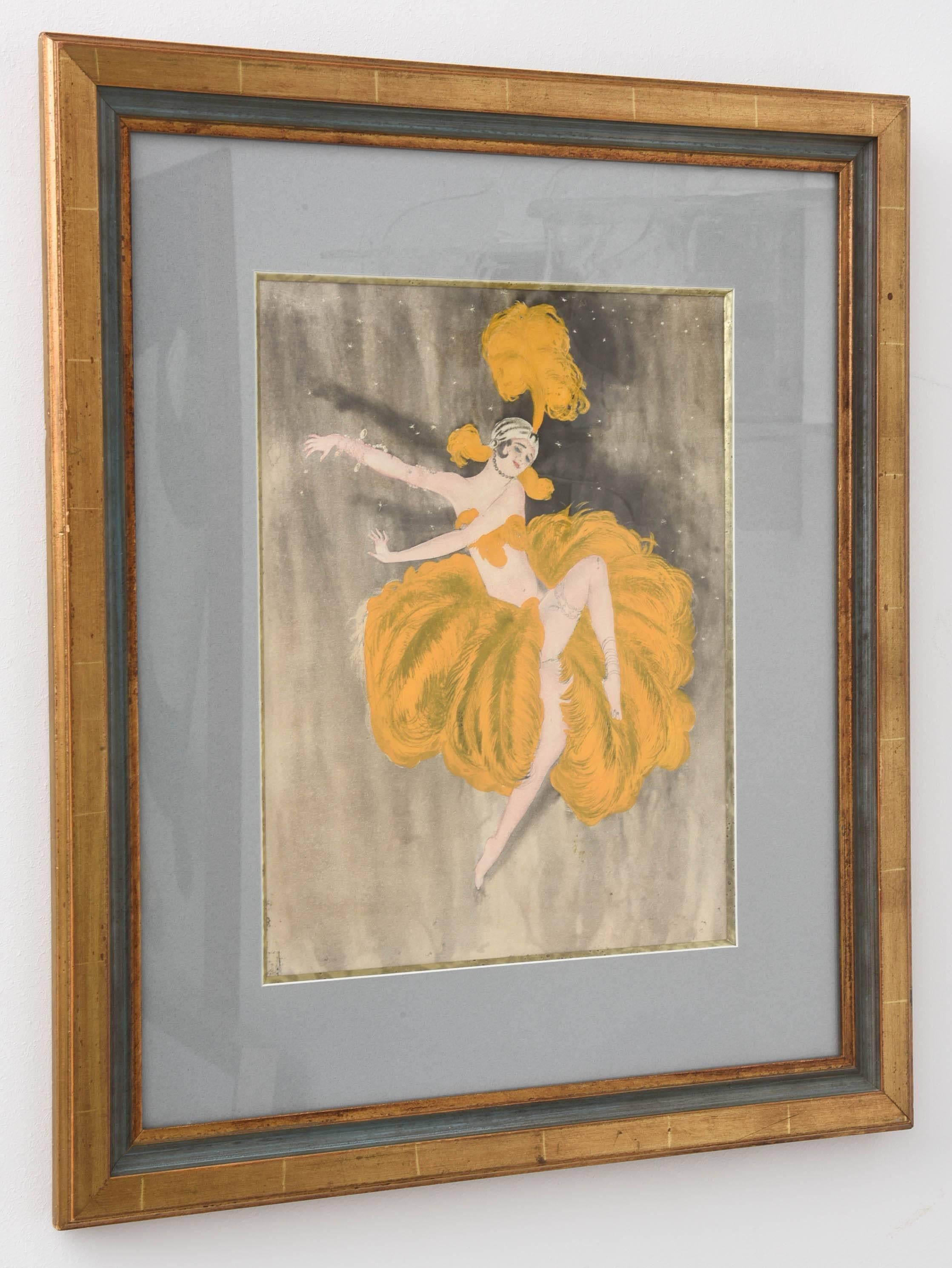 This stylish and beautiful image of an exotic dancer in her marigold-yellow colored ostrich plumes dances with grace and emotion across the stage.

For best net trade price or additional questions regarding this item, please click the 