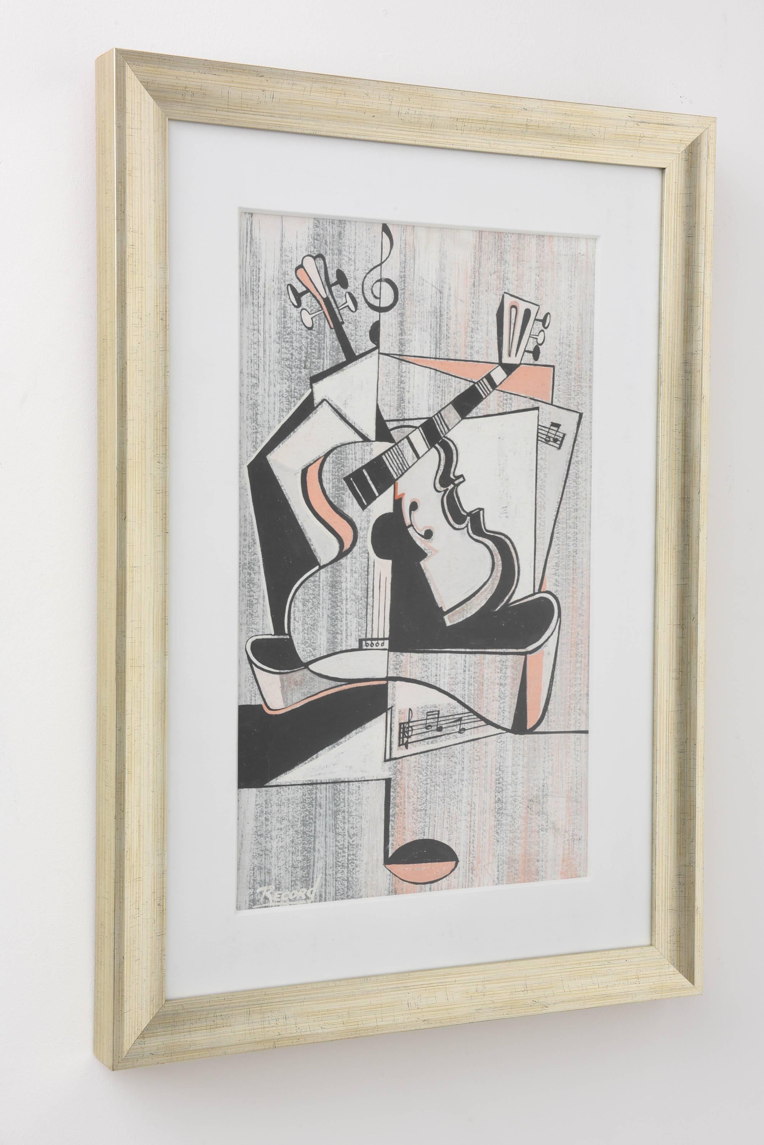 This handsome, Mid-Century Modern, Cubist pencil-pastel was created in the 1950s. Here the artist has assembled a collage-like-affect of musical instruments, sheet music and musical notes. We have no information on the artist 