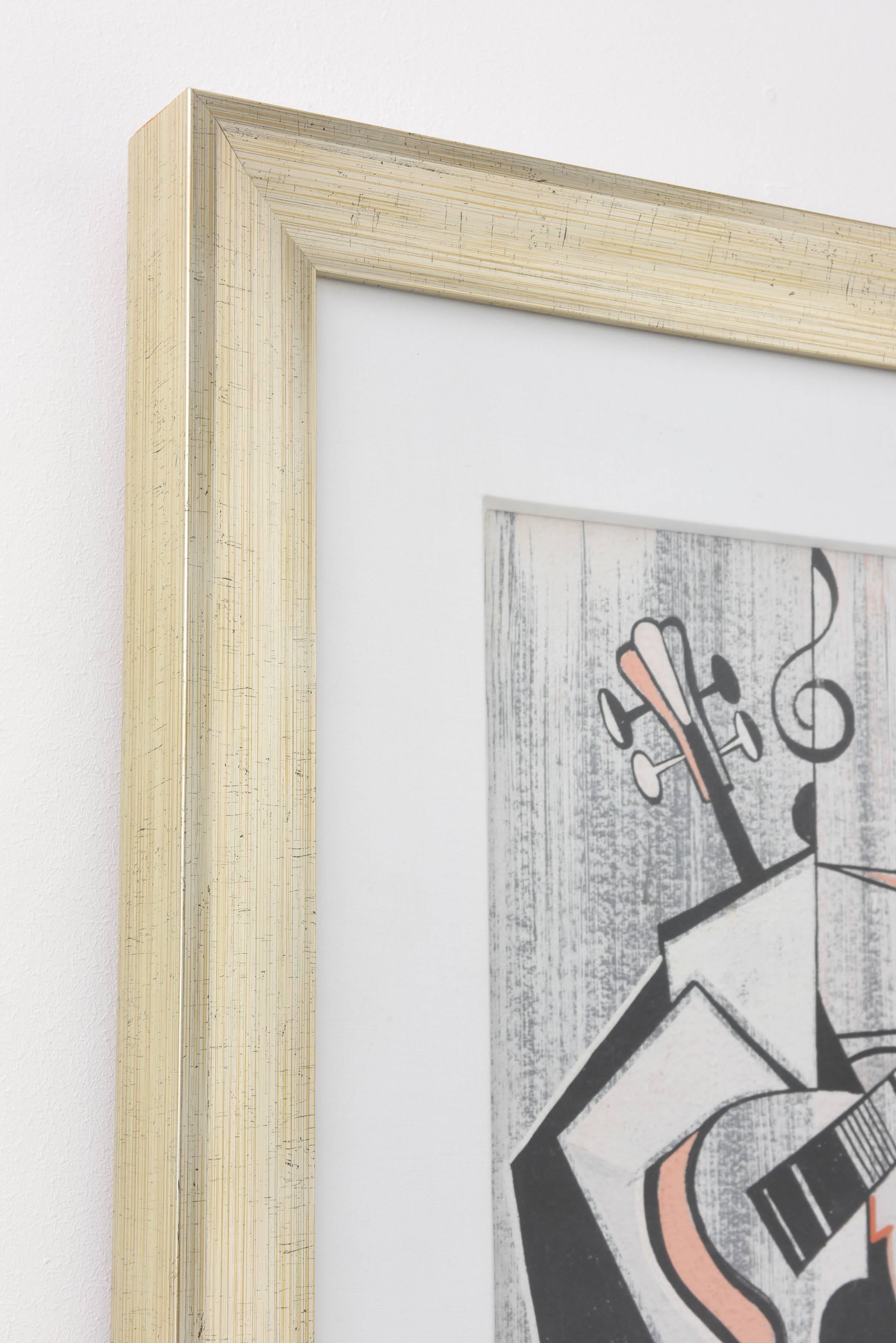 Mid-Century Modern Cubist, Pencil Pastel, Assemblage of Musical Instruments & Notes, Signed Record