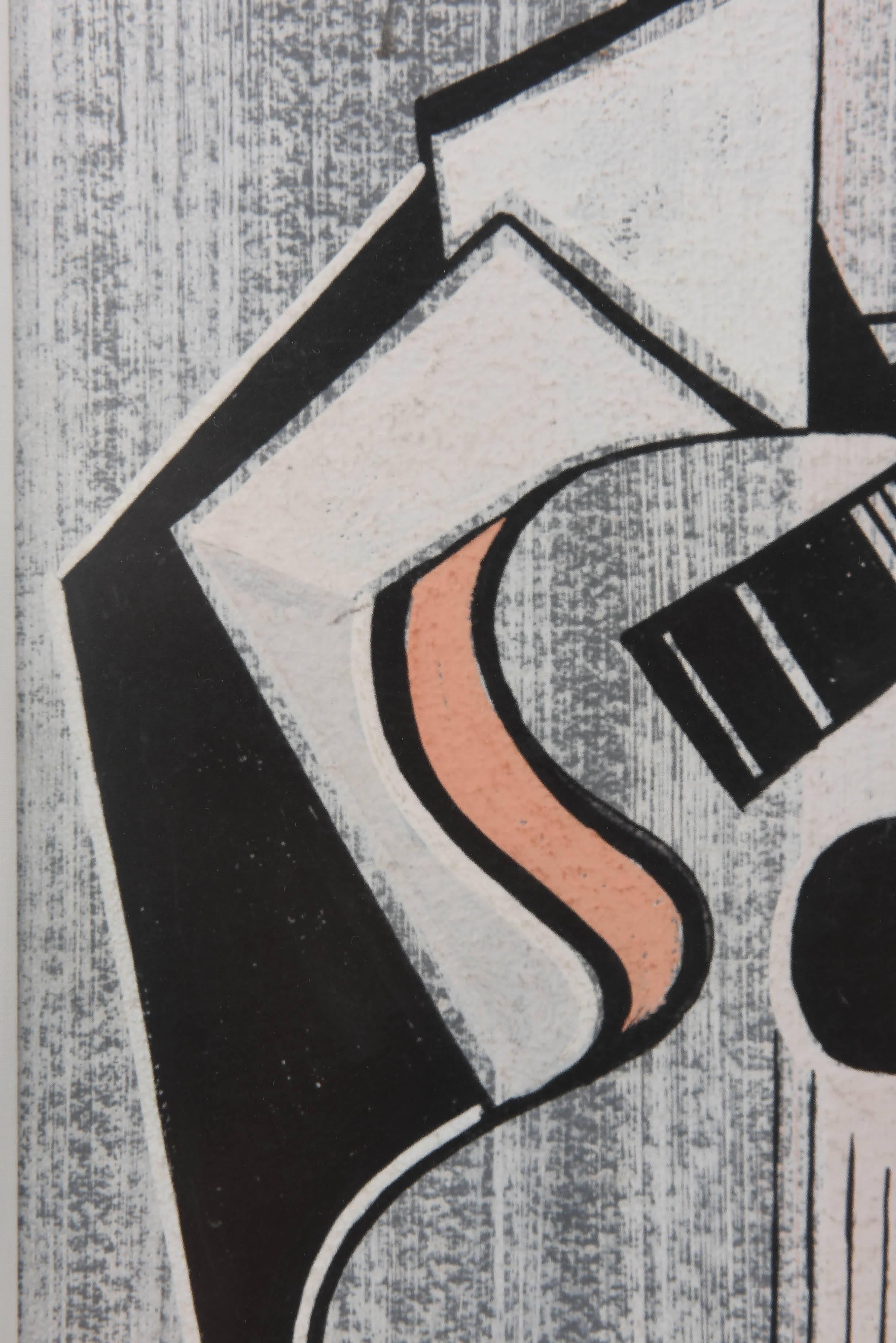 Hand-Painted Cubist, Pencil Pastel, Assemblage of Musical Instruments & Notes, Signed Record