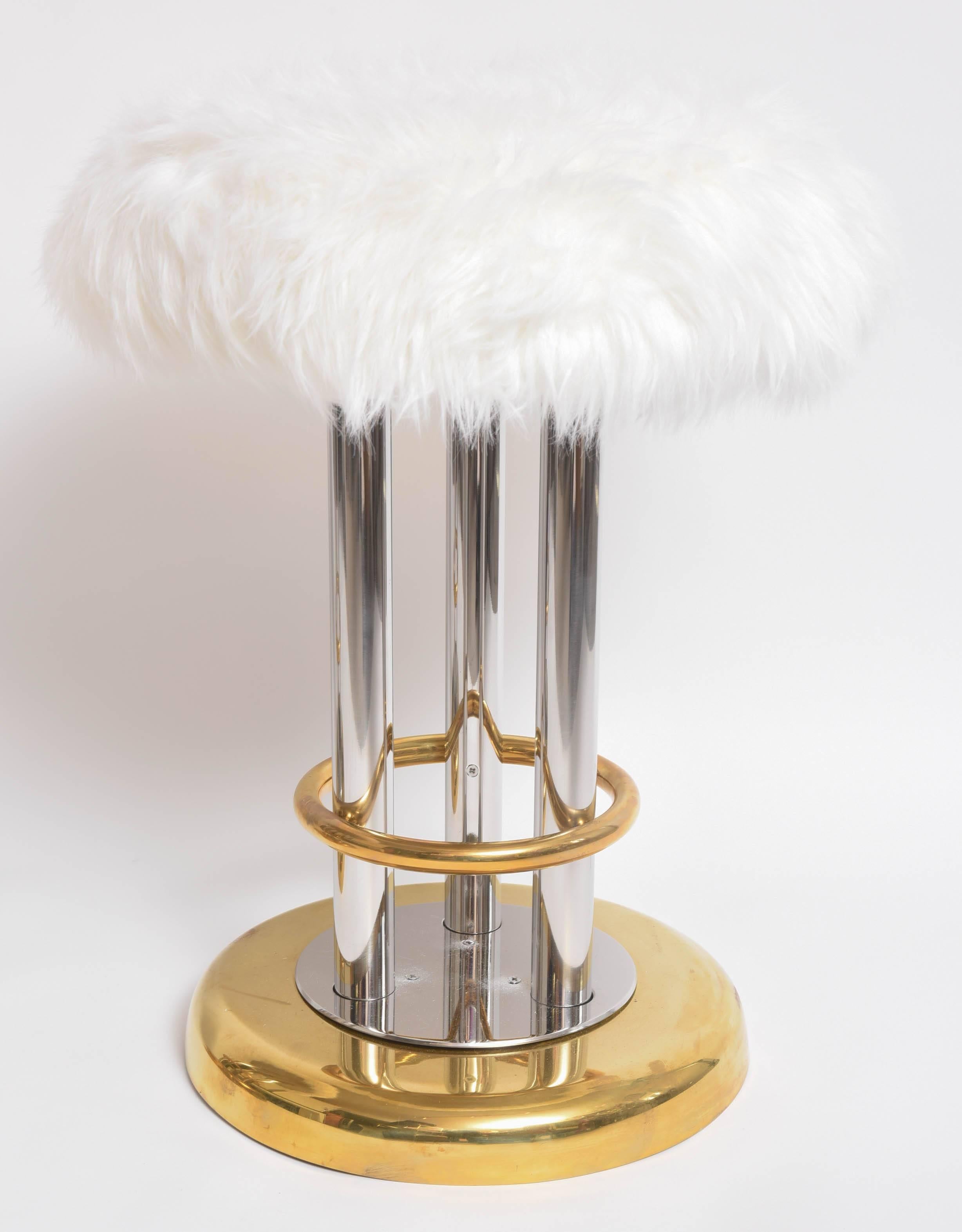 Mid-Century Modern American Decorative Brass or Chrome Furry Stools Pair  In Good Condition For Sale In Miami, FL
