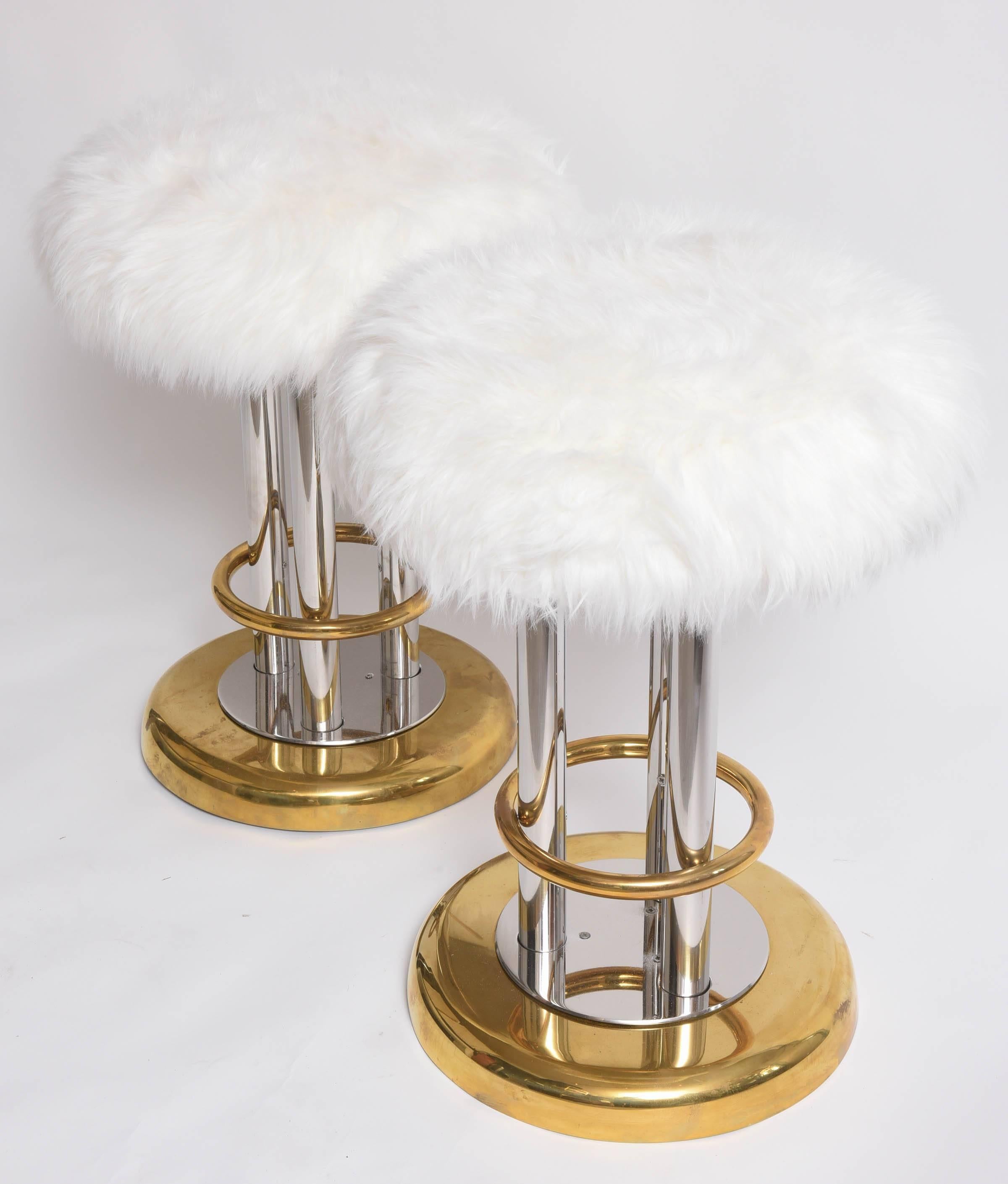 Mid-Century Modern American Decorative Brass or Chrome Furry Stools Pair  For Sale 2