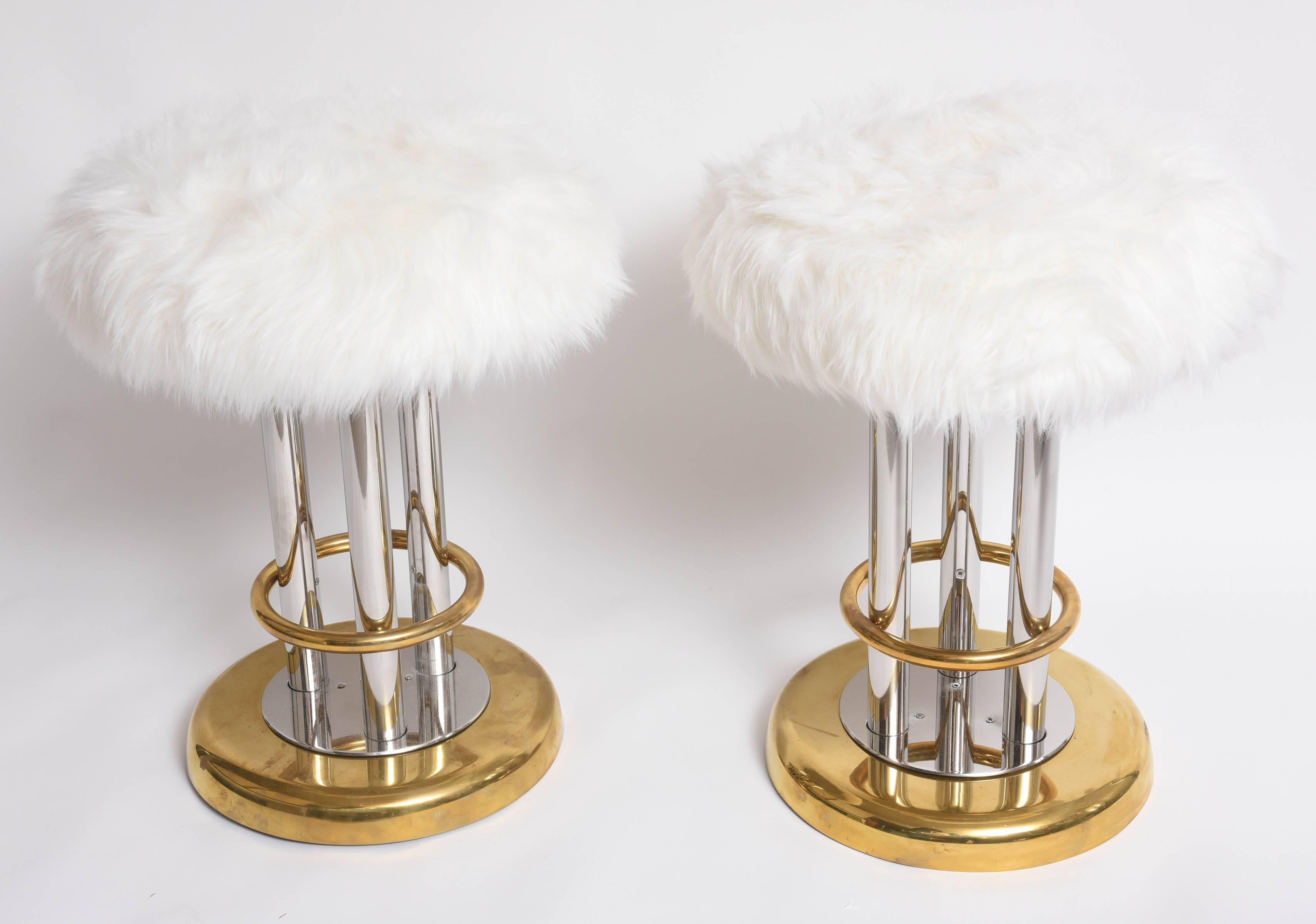 Mid-Century Modern American Decorative Brass or Chrome Furry Stools Pair  For Sale 4