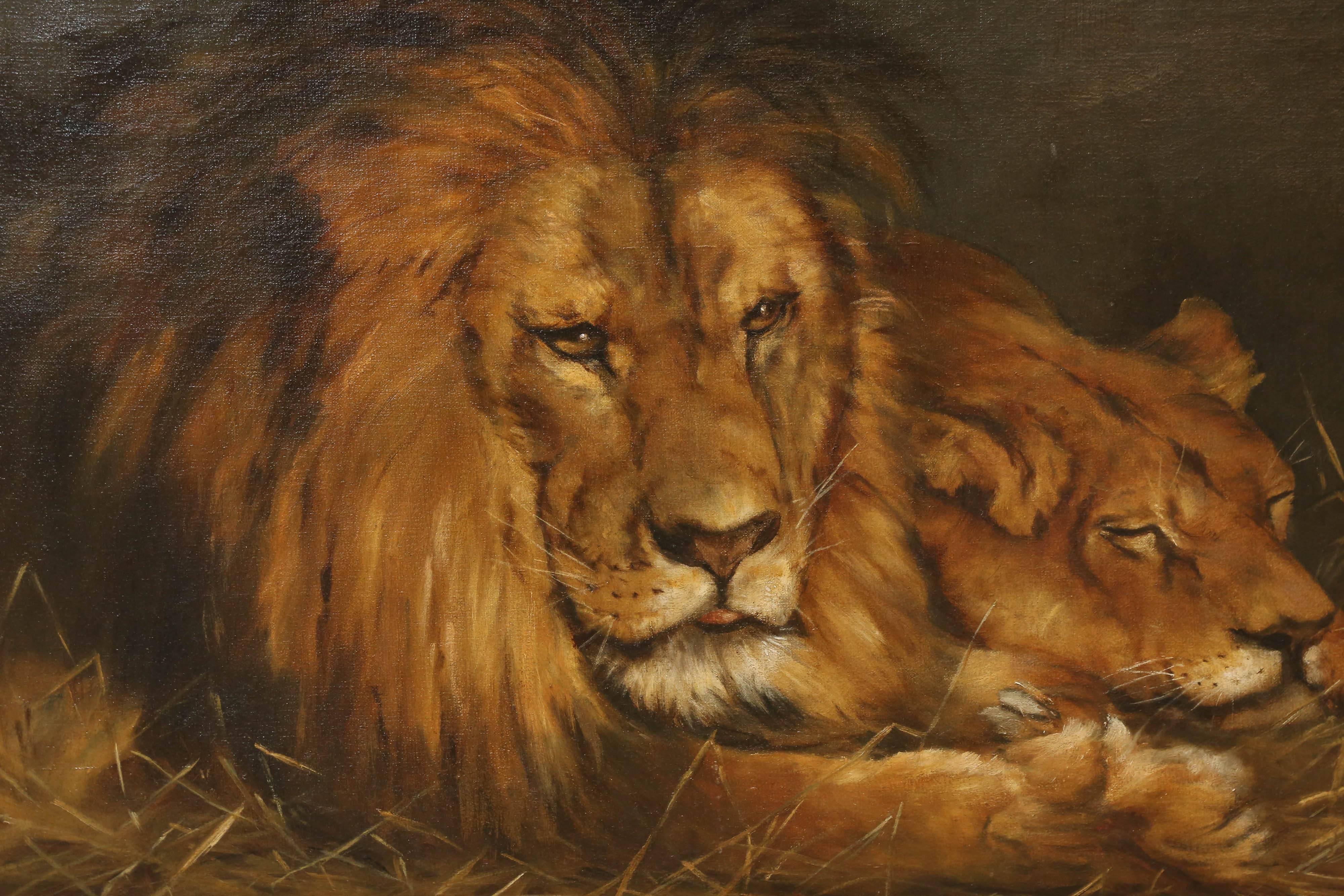 Vastagh, Geza (1866-1919)

Well listed Hungarian artist. Unsigned 22 x 28. Oil on canvas, depicting a lion and lioness, one of his favourite subjects. Expert's report on hand, circa 1900

Measures: Overall size is 31 x 39 inches.

 