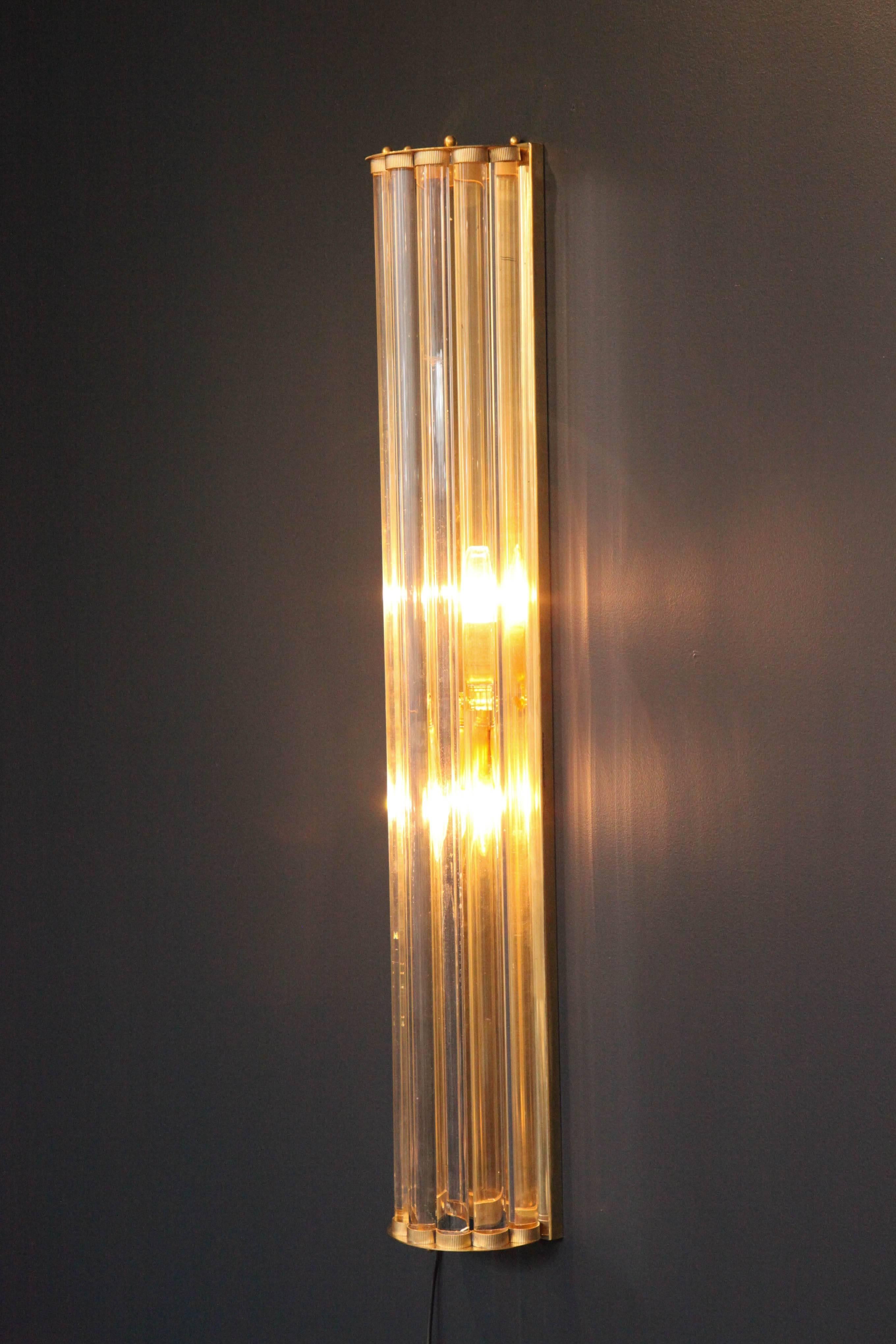 Hand-Crafted Pair of Large Italian Mid-Century Modern Murano Glass Rod and Brass Sconces