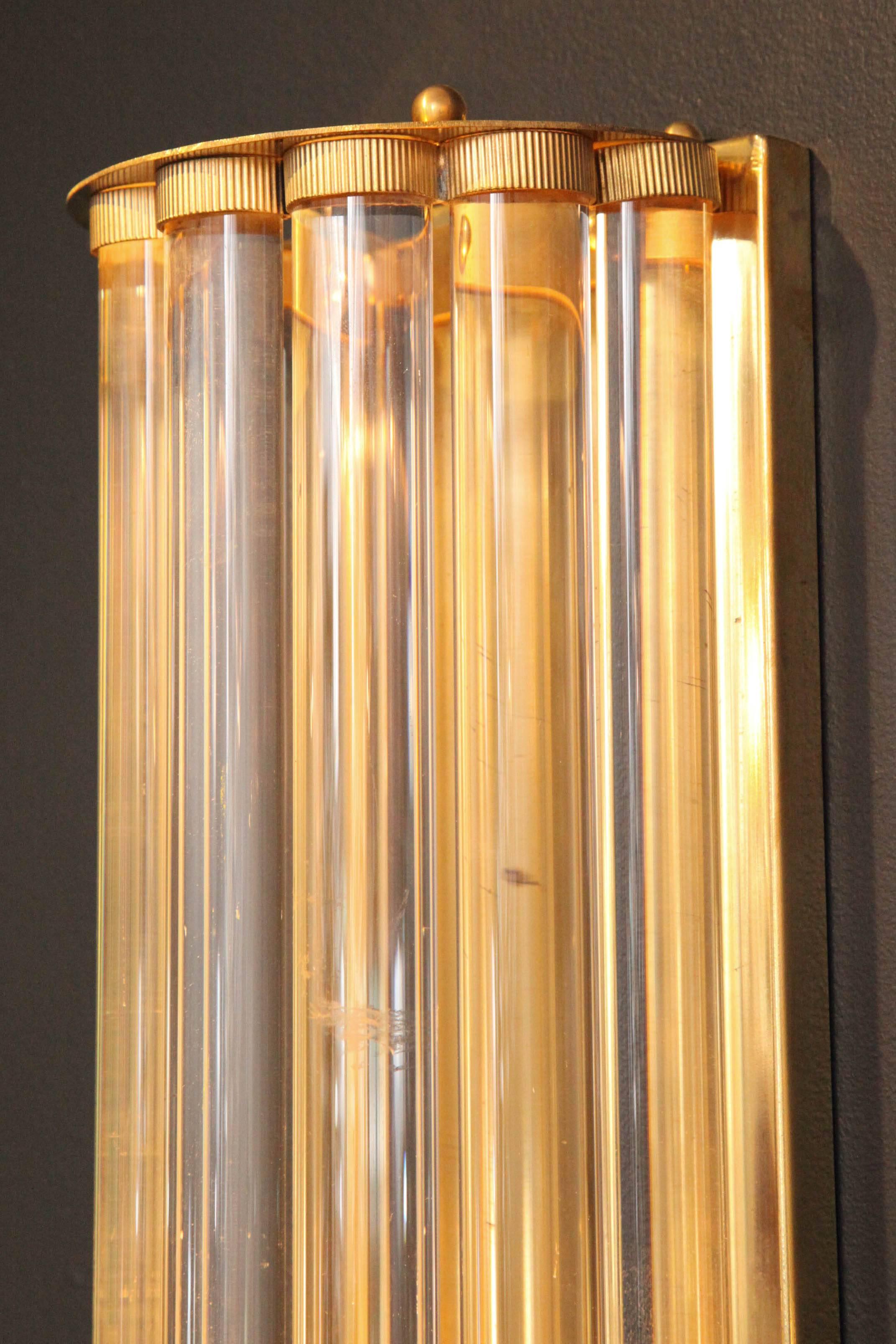 Pair of Large Italian Mid-Century Modern Murano Glass Rod and Brass Sconces In Excellent Condition In New York, NY