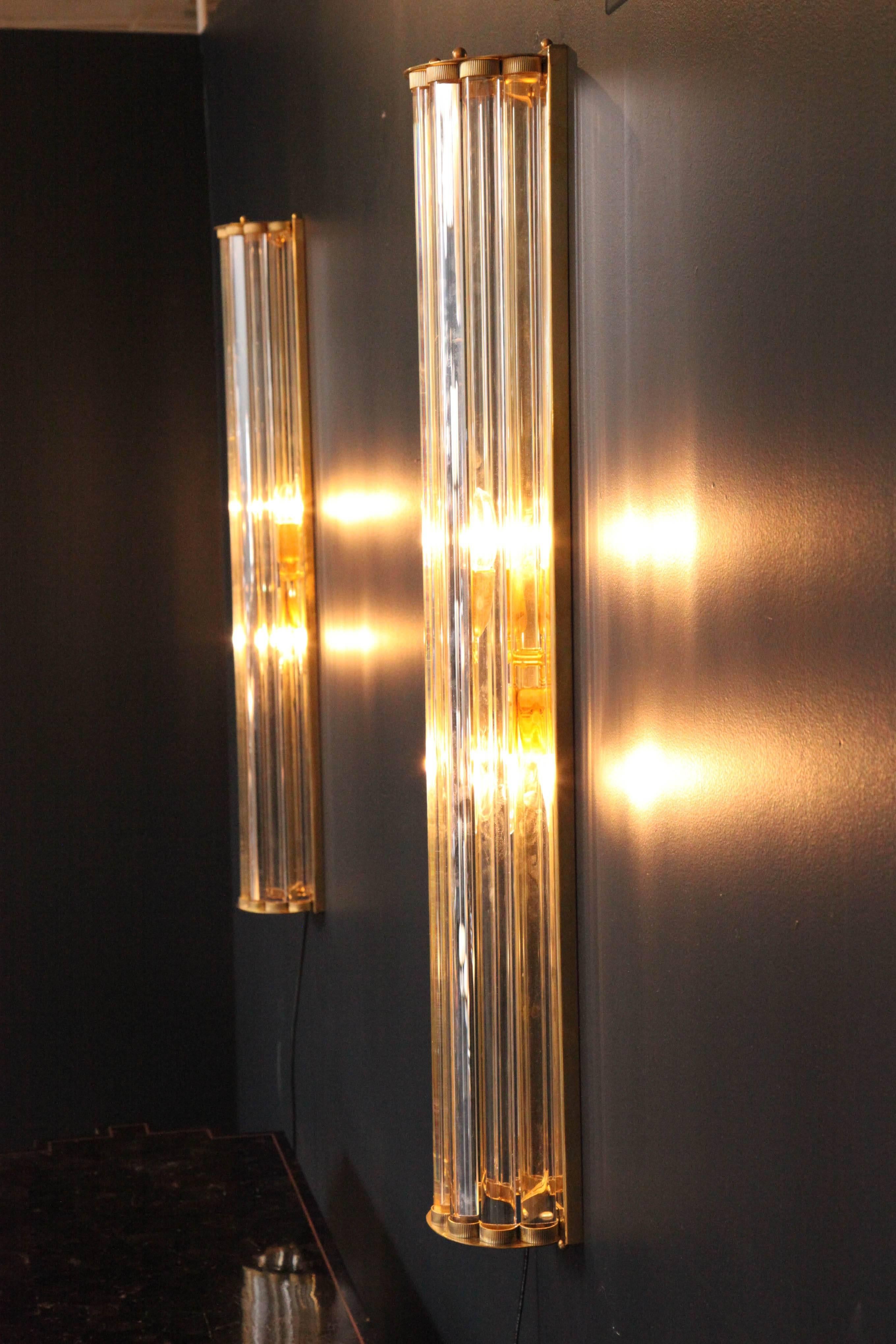 Pair of Large Italian Mid-Century Modern Murano Glass Rod and Brass Sconces 1