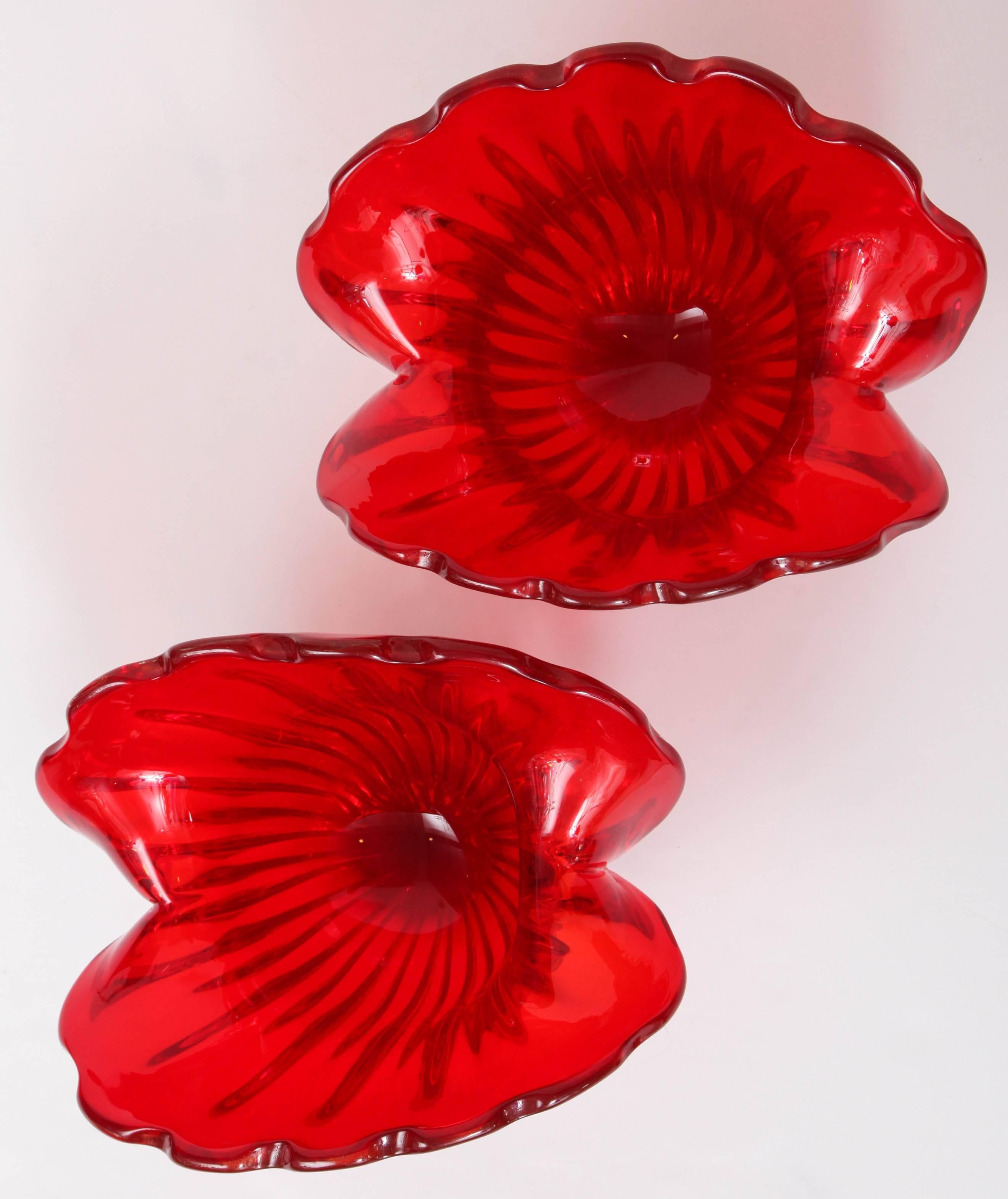 Hand-Crafted Pair of Italian Red Murano Glass Shell Vases