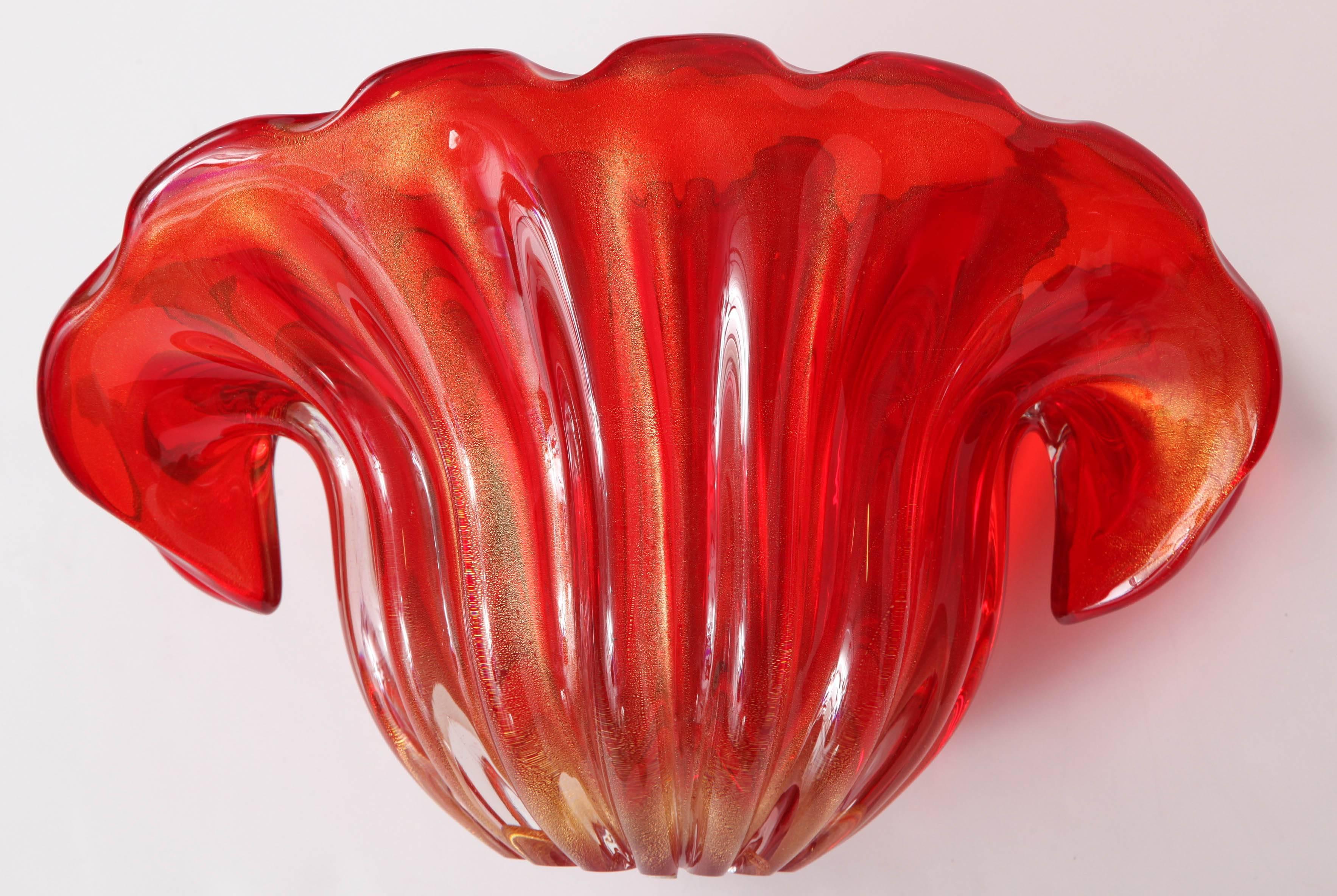 Pair of Italian Red Murano Glass Shell Vases 1