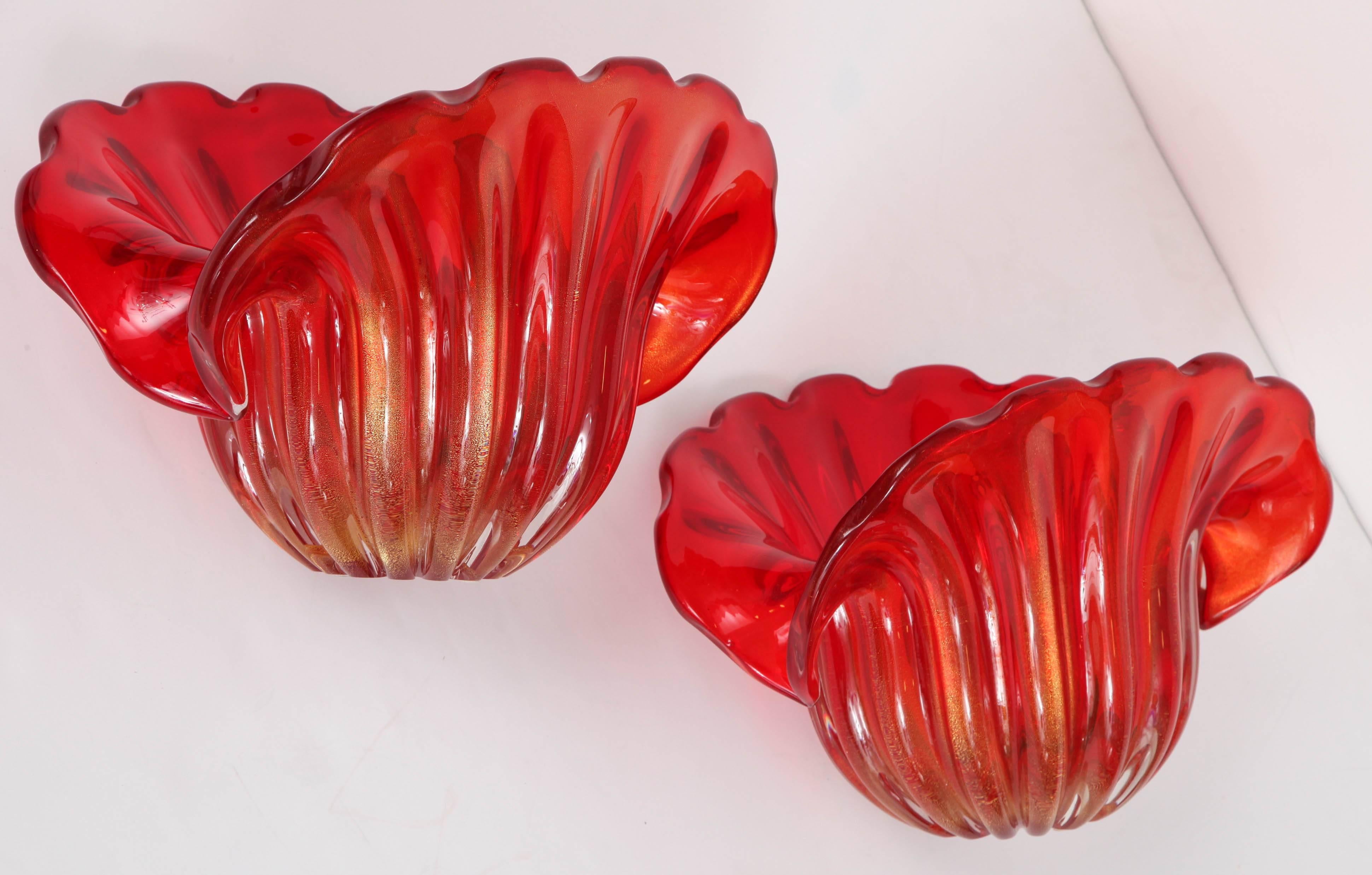 Pair of Italian Red Murano Glass Shell Vases 2