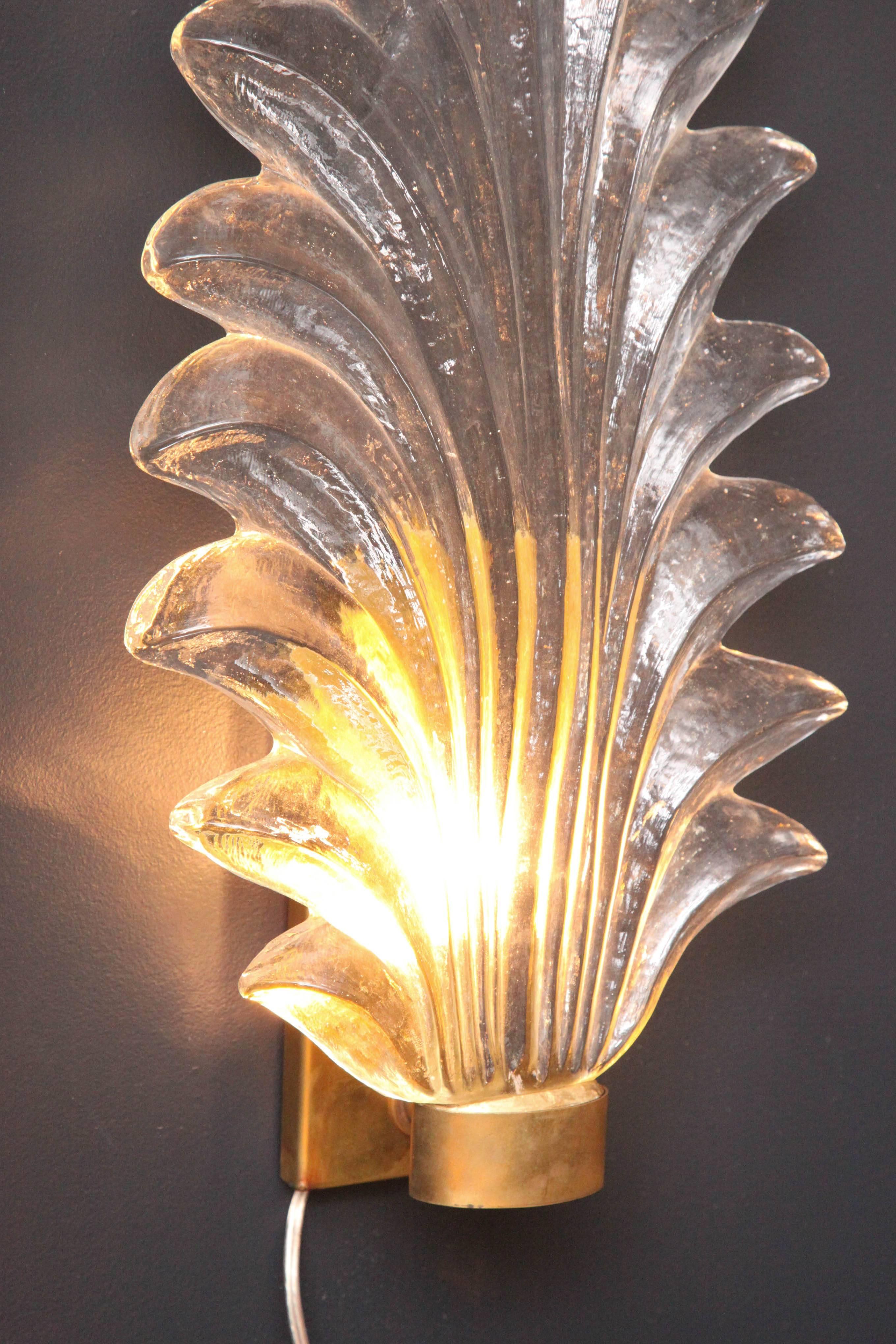 Italian Pair of Large Clear Murano Glass Leaf and Brass Sconces, Italy For Sale