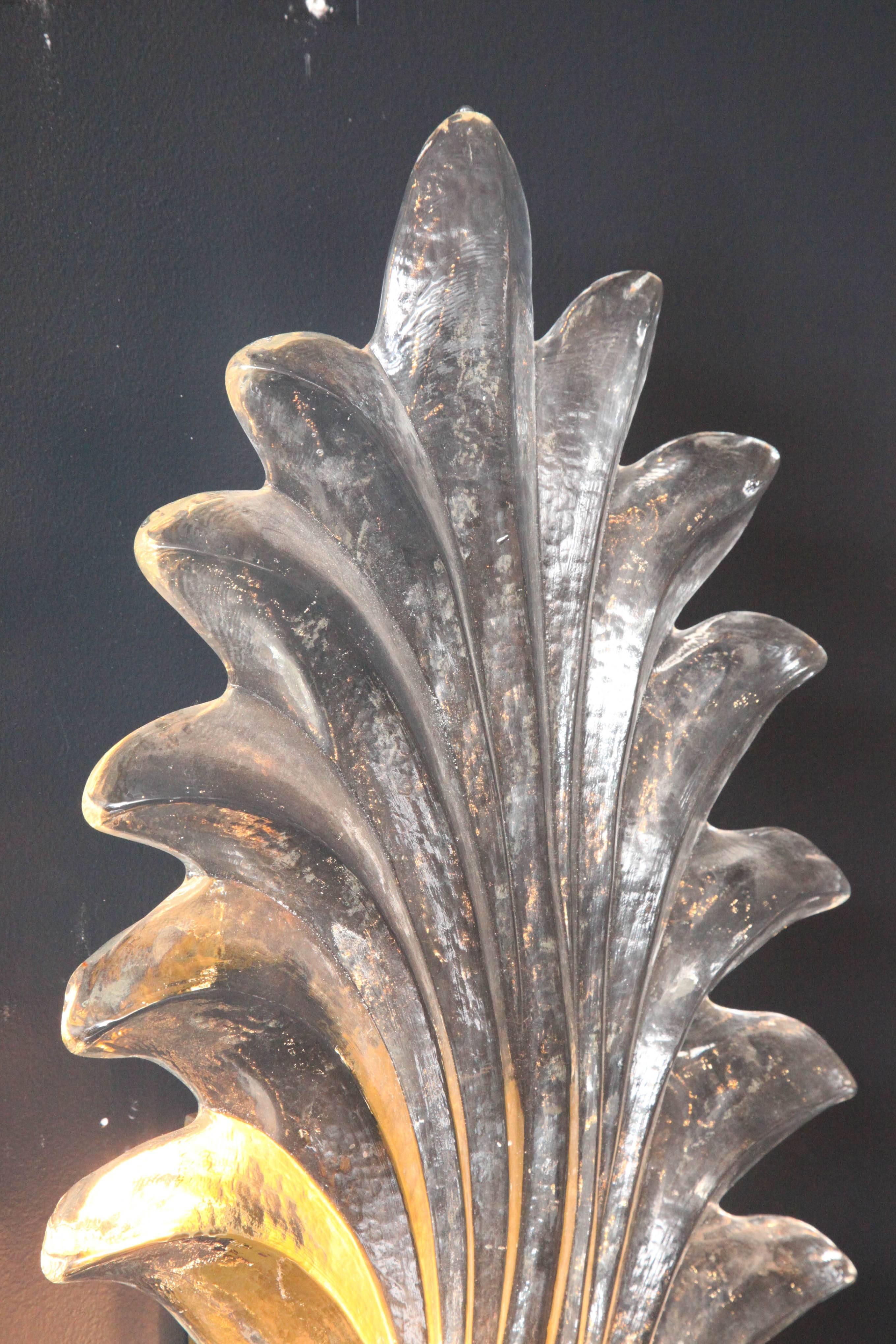 Contemporary Pair of Large Clear Murano Glass Leaf and Brass Sconces, Italy For Sale