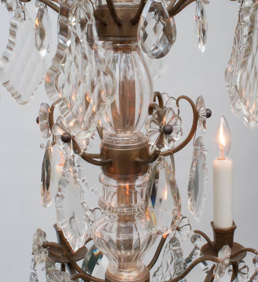 French Louis XV Style Bronze and Crystal Six-Light Chandelier, France, circa 1920