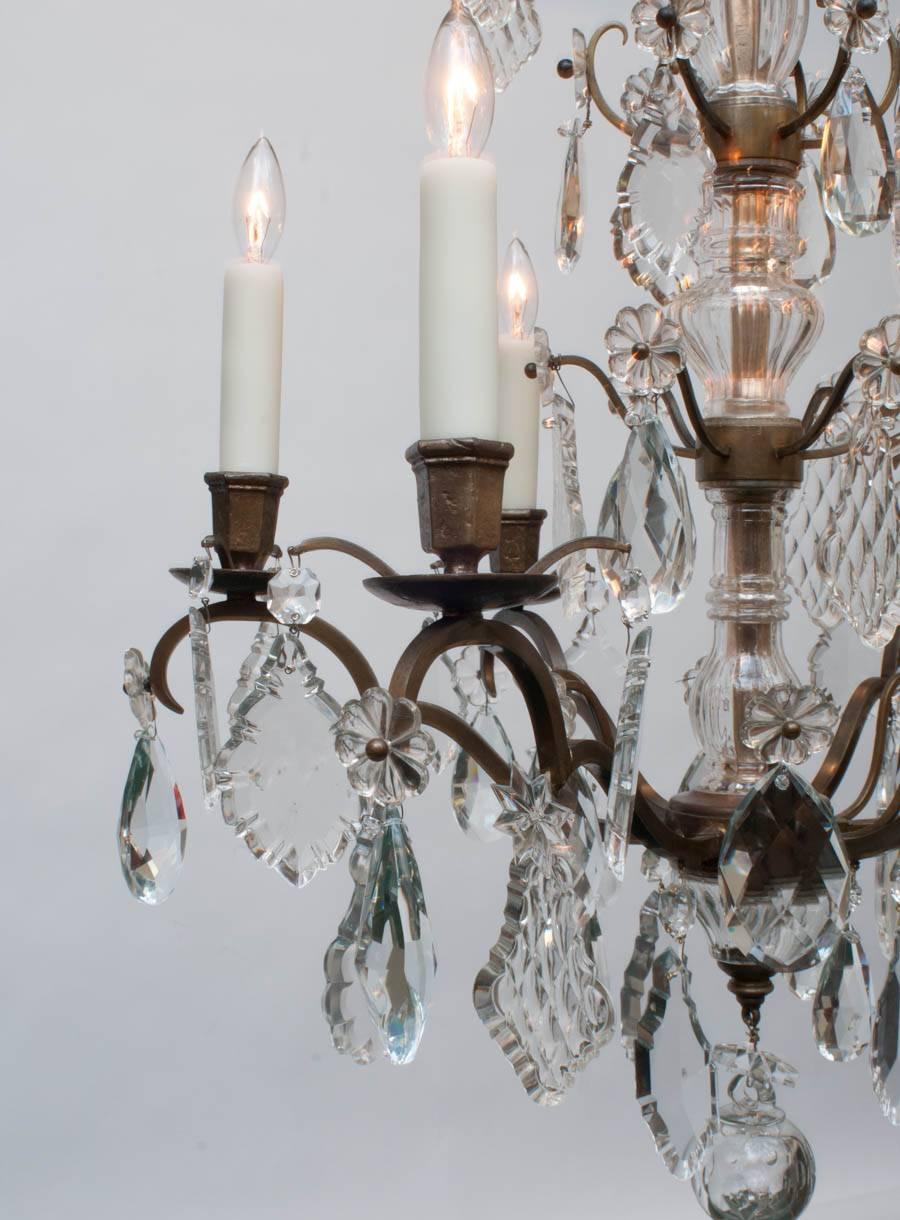 Louis XV Style Bronze and Crystal Six-Light Chandelier, France, circa 1920 In Excellent Condition In Alexandria, VA