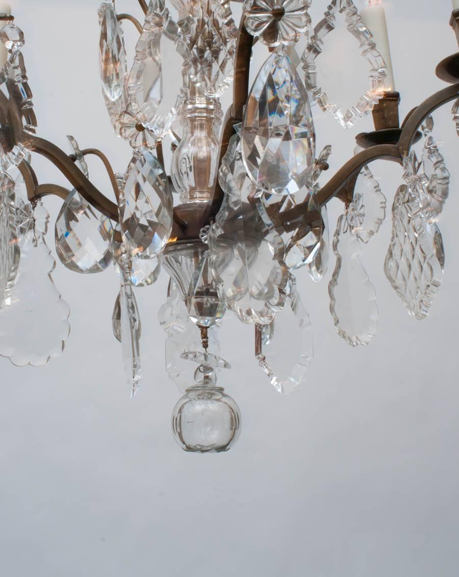 20th Century Louis XV Style Bronze and Crystal Six-Light Chandelier, France, circa 1920