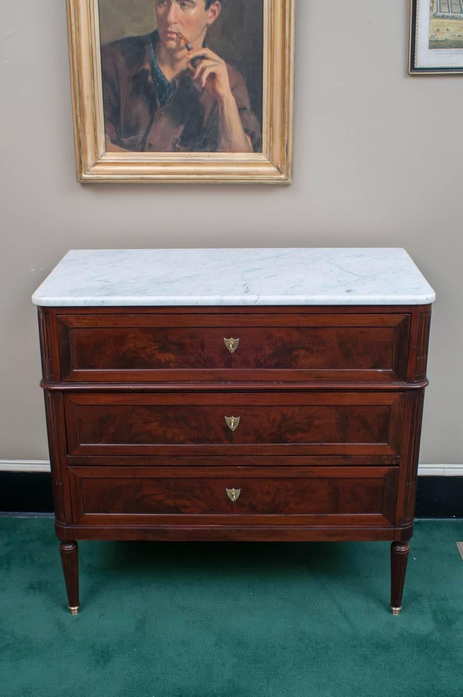 French Directoire Style Three-Drawer Marble-Top Commode, France, circa 1850
