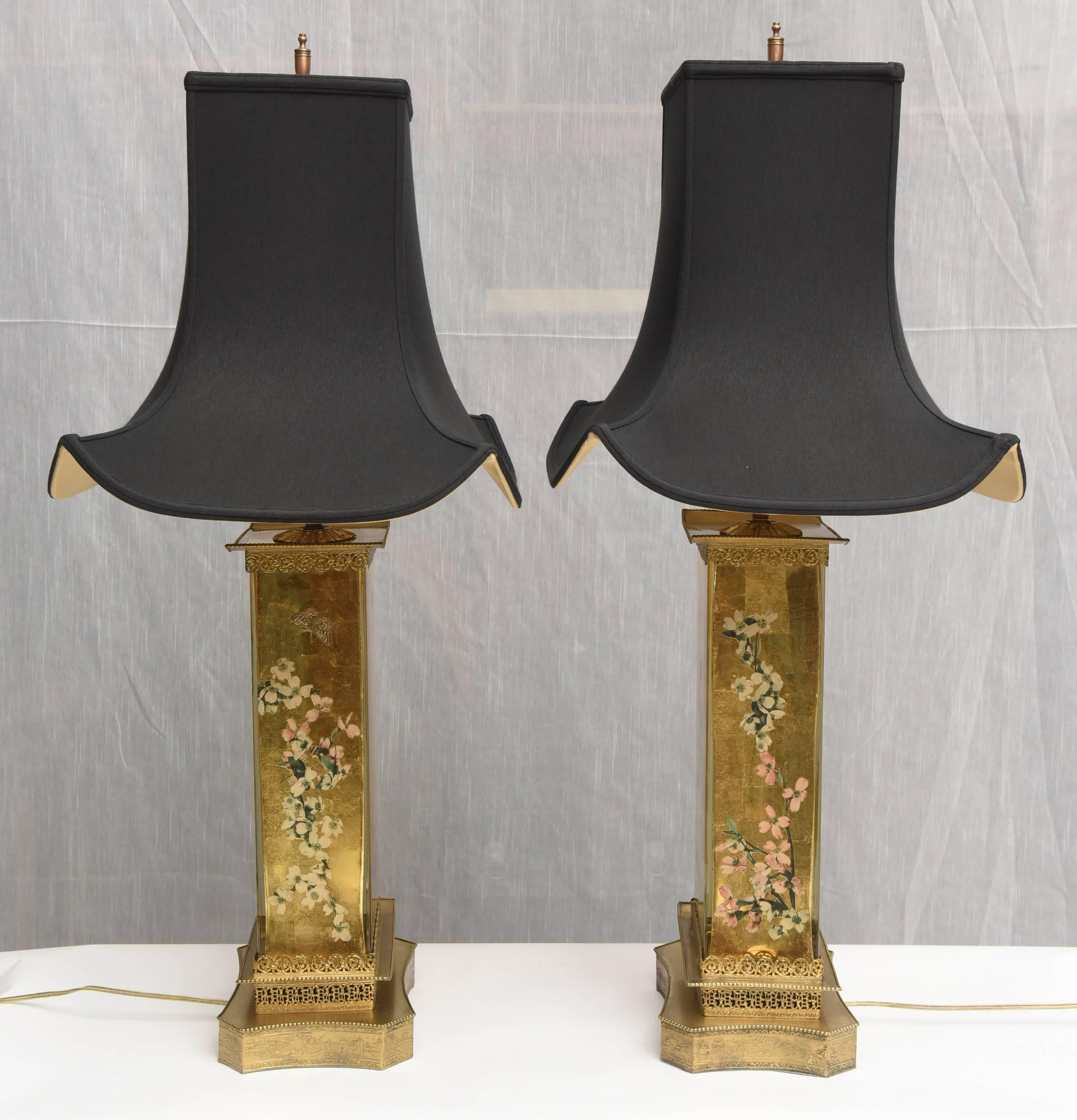Gold Leaves  Glass Pair  of  Aesthetic Movement Table Lamps 2