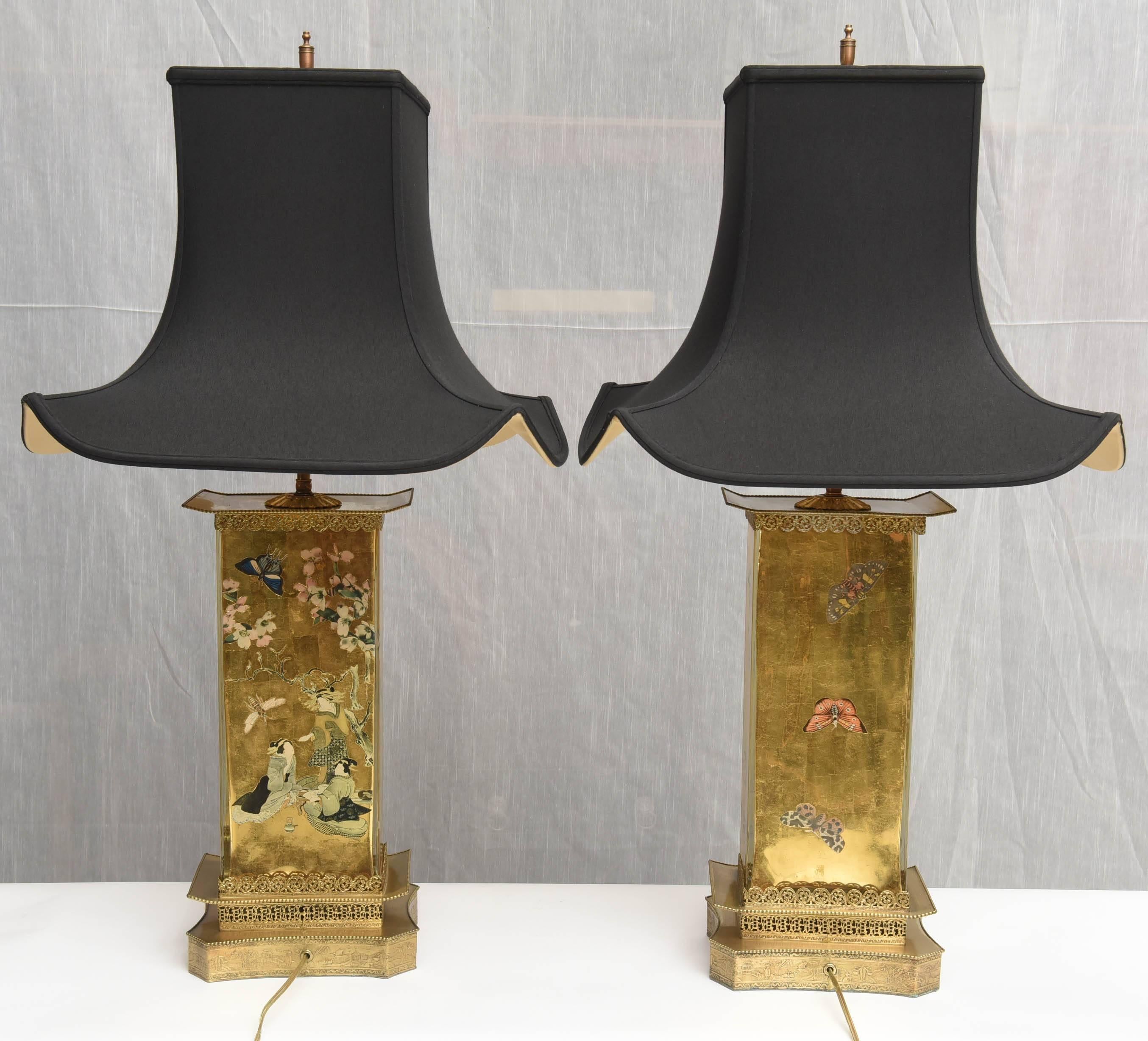 Gold Leaves  Glass Pair  of  Aesthetic Movement Table Lamps 4