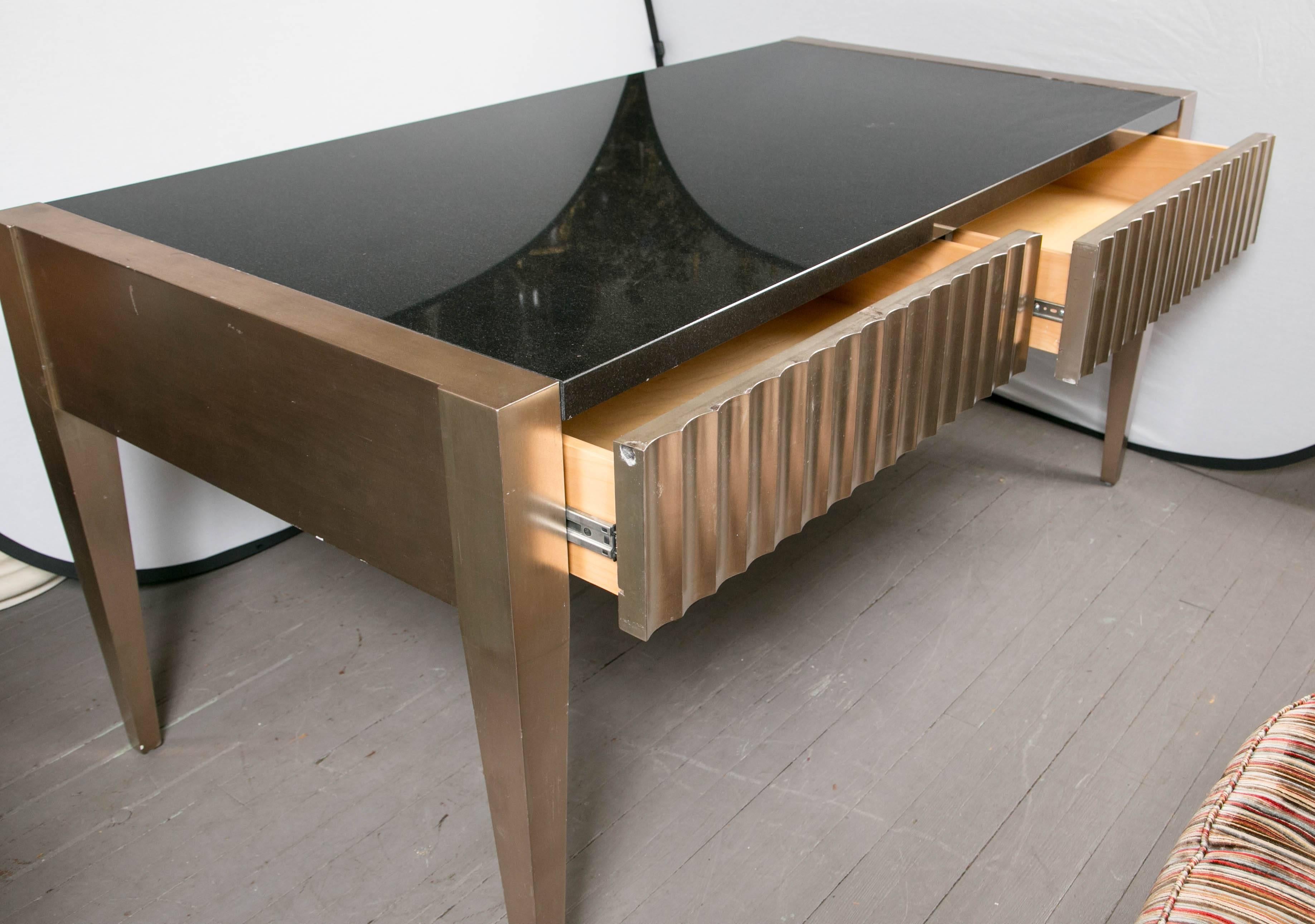 Brushed Brush Steel or Aluminum Clad, Granite Topped Writing Table For Sale