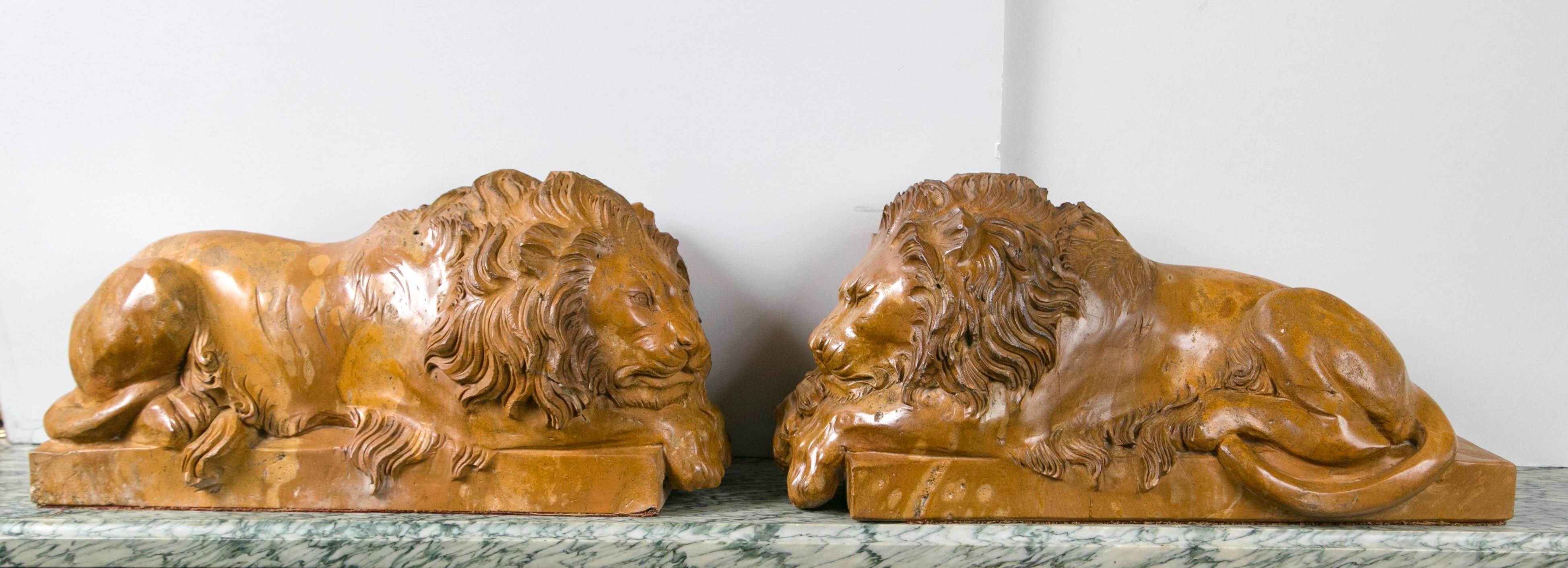 Hand-Carved Solid Marble Recumbent Lions For Sale