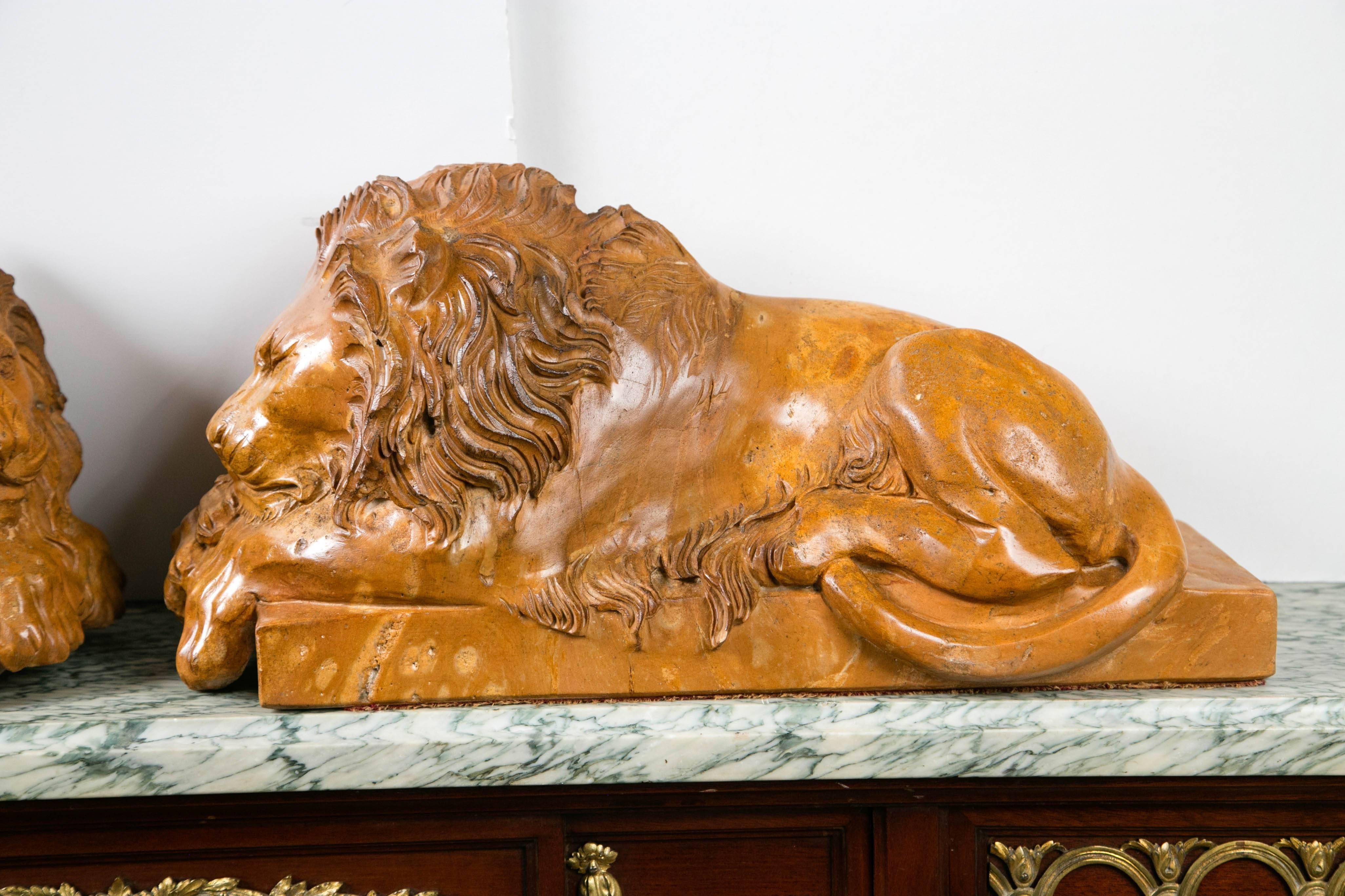 Solid Marble Recumbent Lions In Excellent Condition For Sale In Woodbury, CT