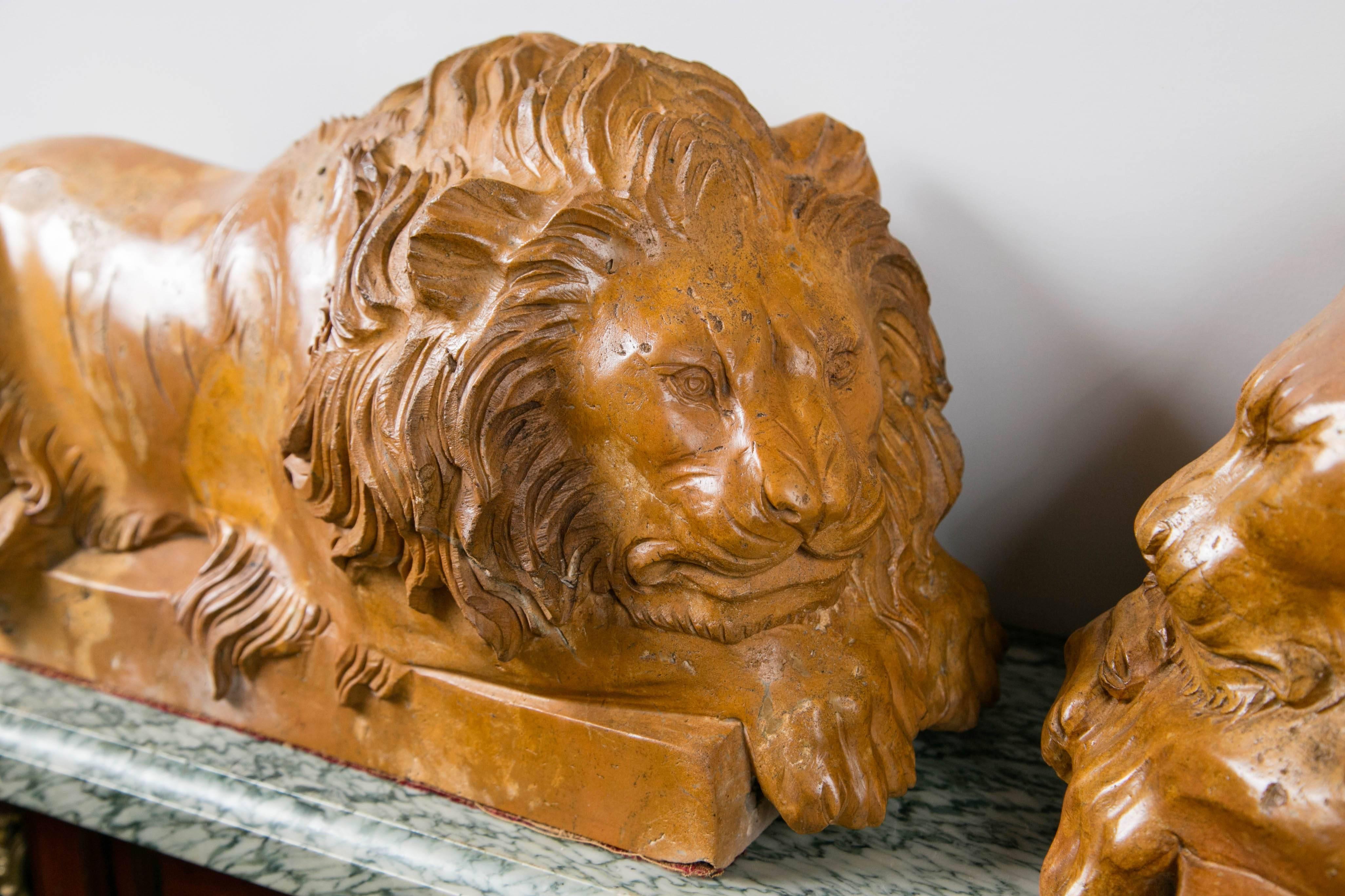 20th Century Solid Marble Recumbent Lions For Sale