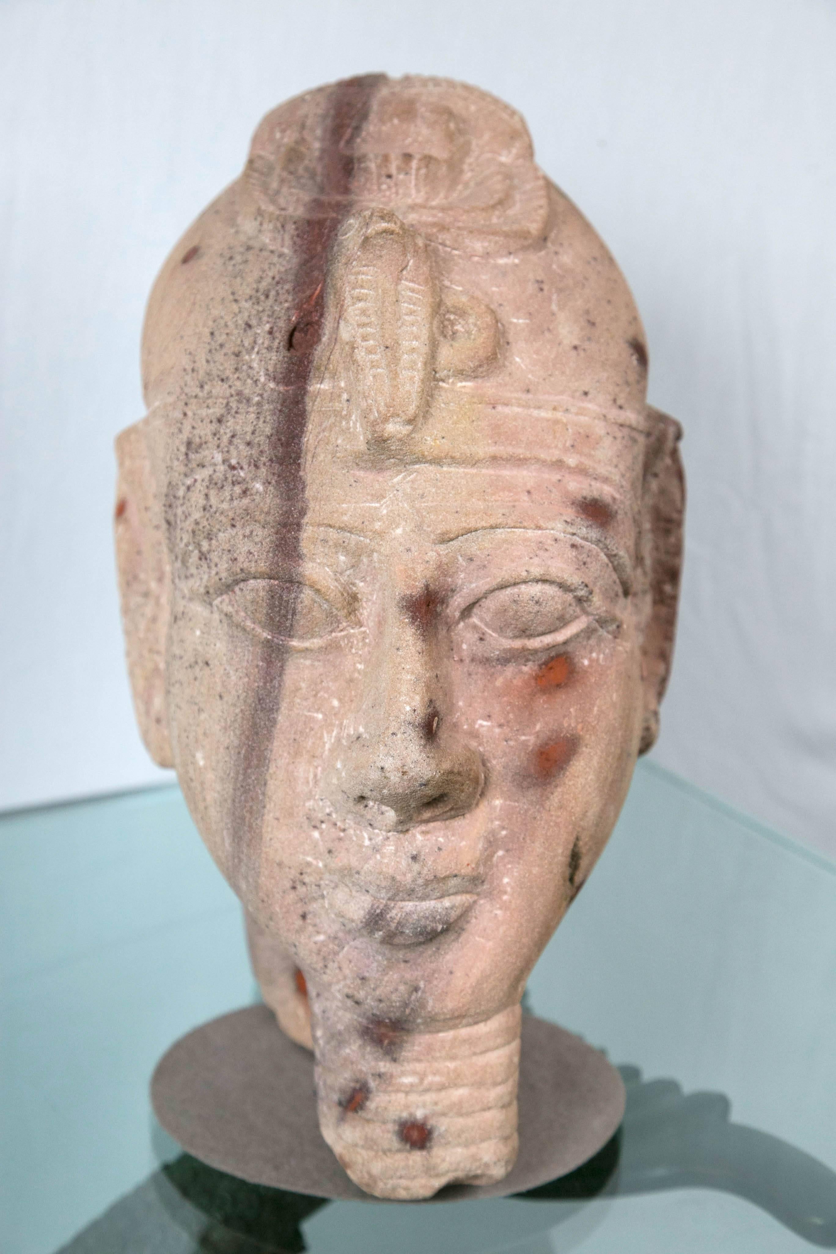 Hand-Carved Sandstone Bust of a Pharoah