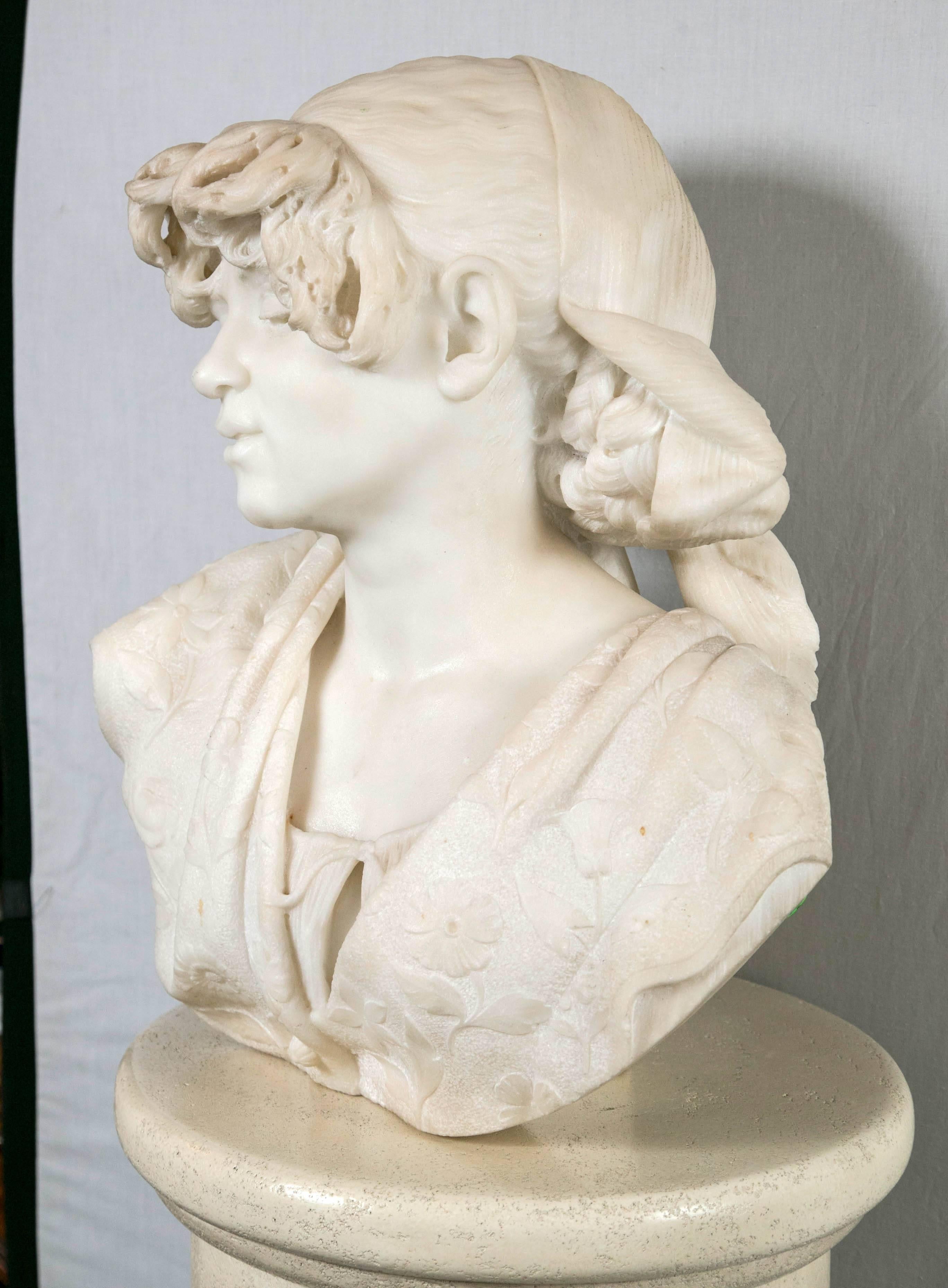 Hand-Carved Carved White Marble Bust of a Young Lady For Sale