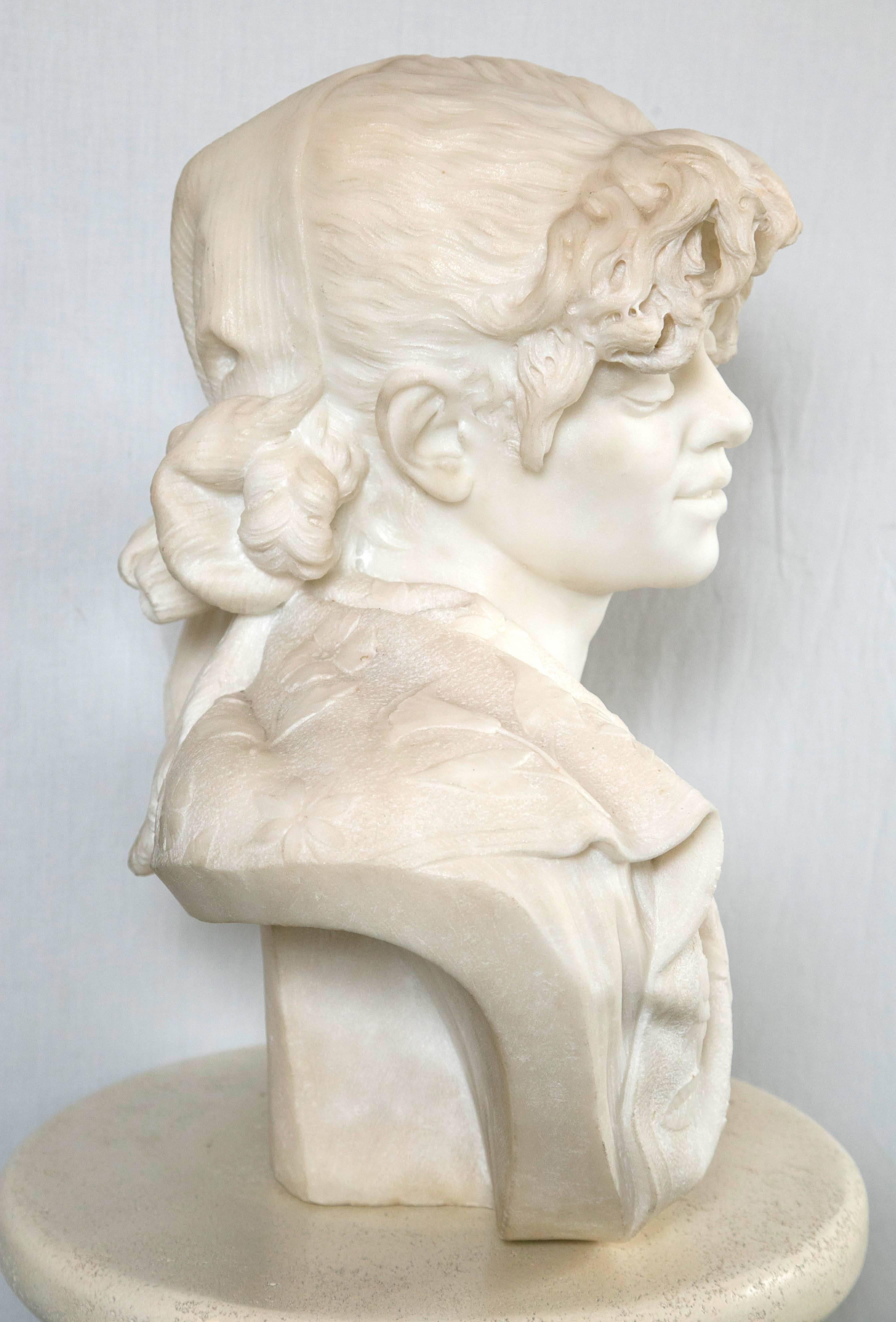 Carved White Marble Bust of a Young Lady In Excellent Condition For Sale In Woodbury, CT