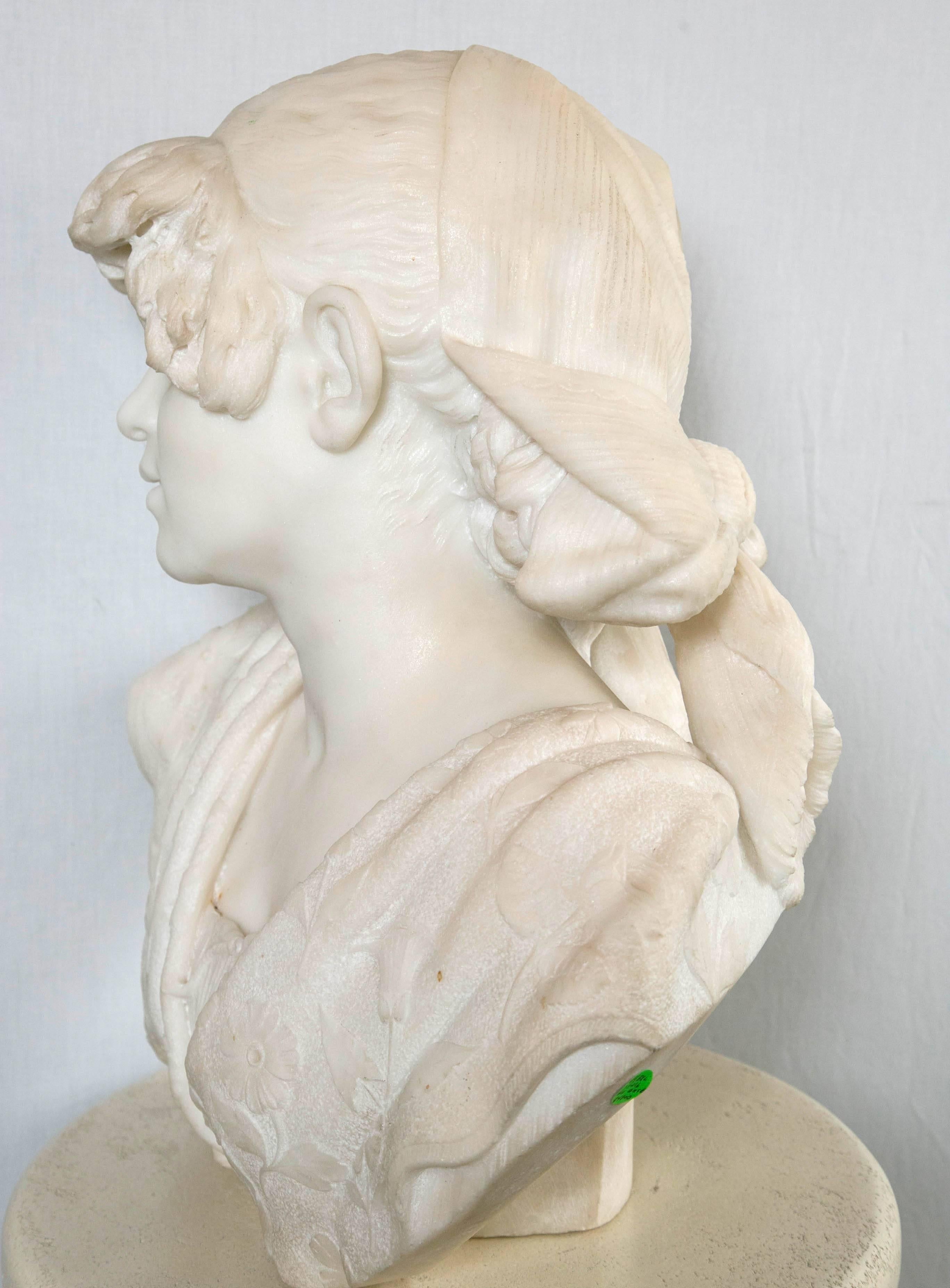 Carved White Marble Bust of a Young Lady For Sale 1