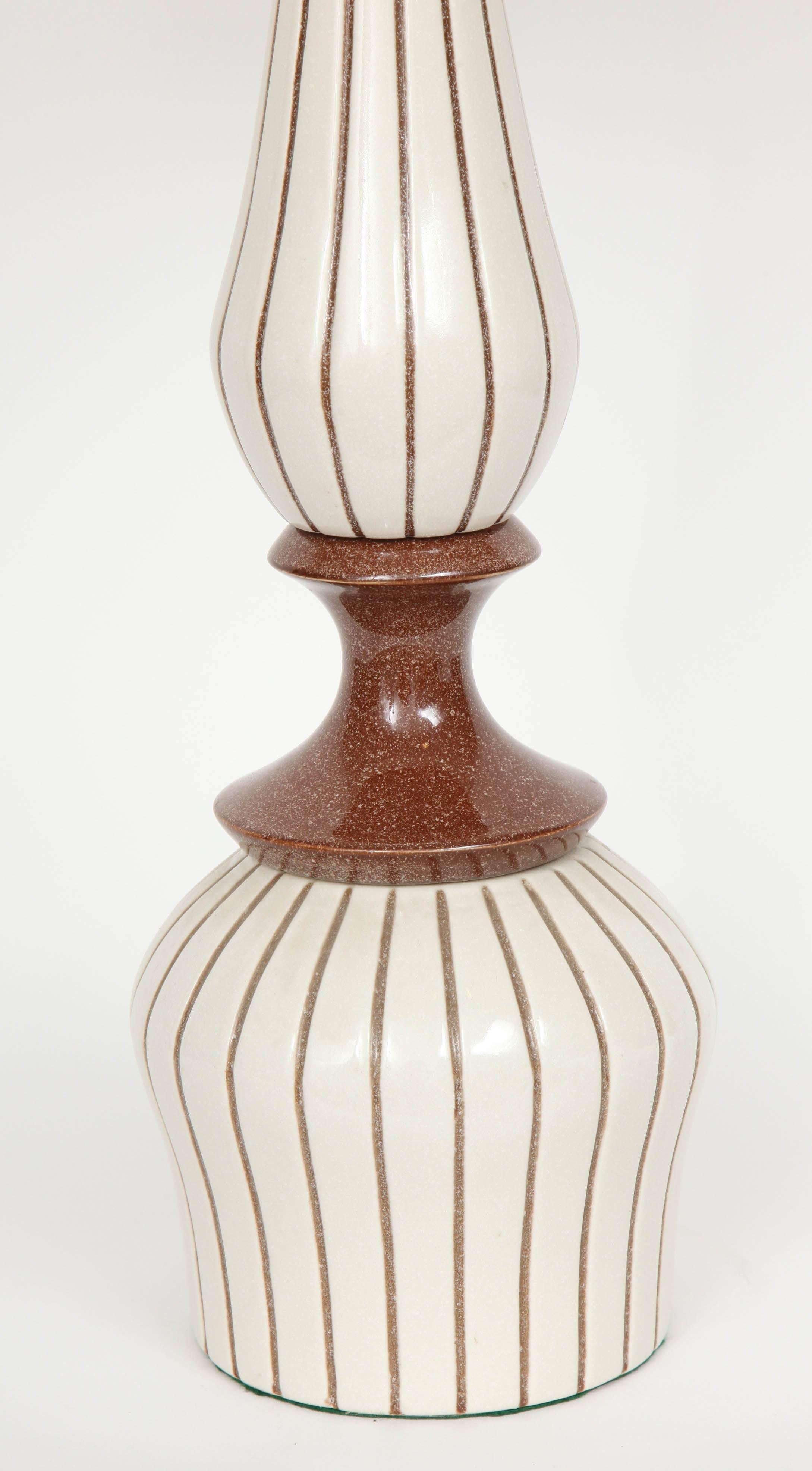 Mid-Century Modern Pair of Mid-Century Brown Pinstripe White Ceramic Lamps
