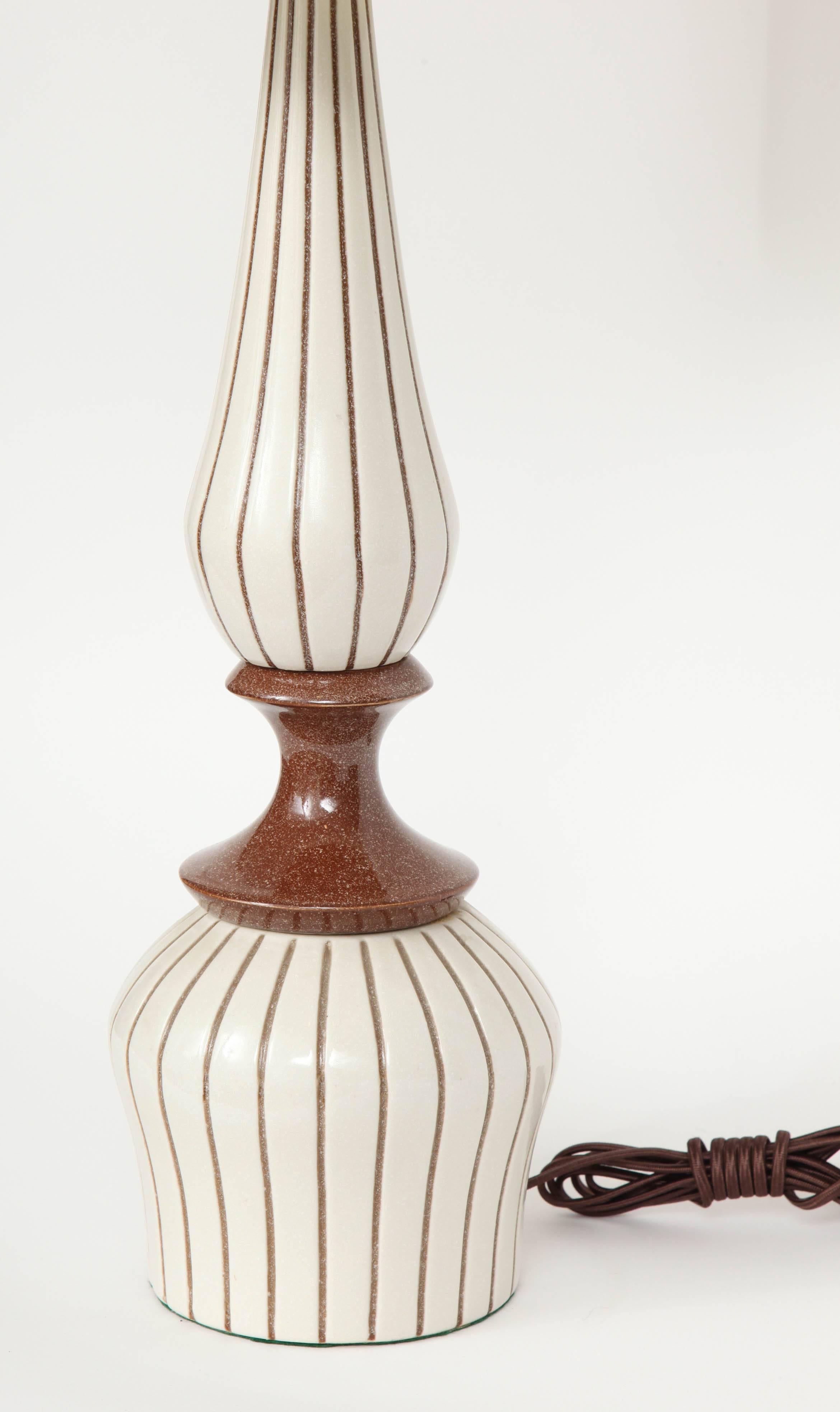 American Pair of Mid-Century Brown Pinstripe White Ceramic Lamps