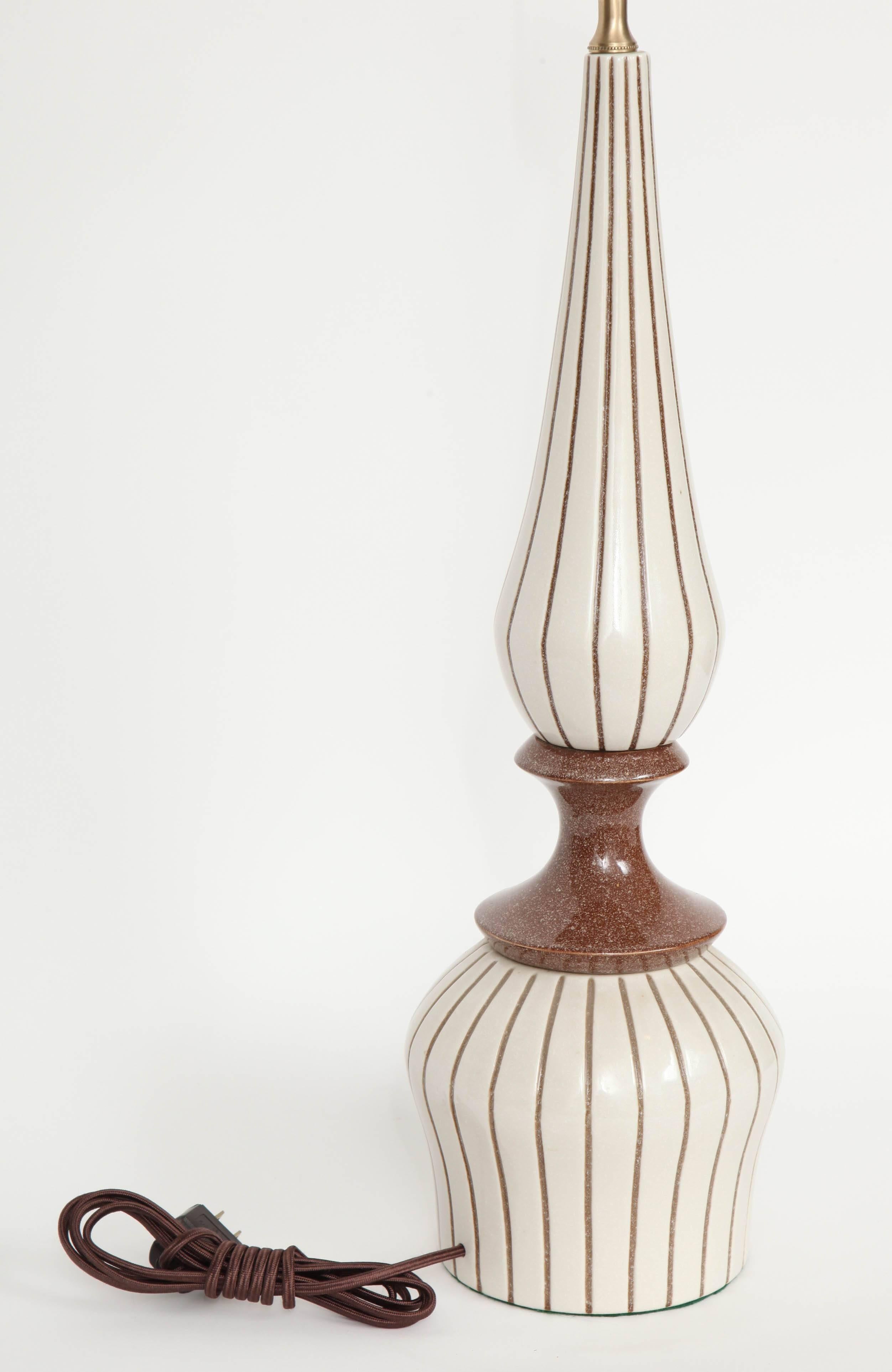 Pair of Mid-Century Brown Pinstripe White Ceramic Lamps 2