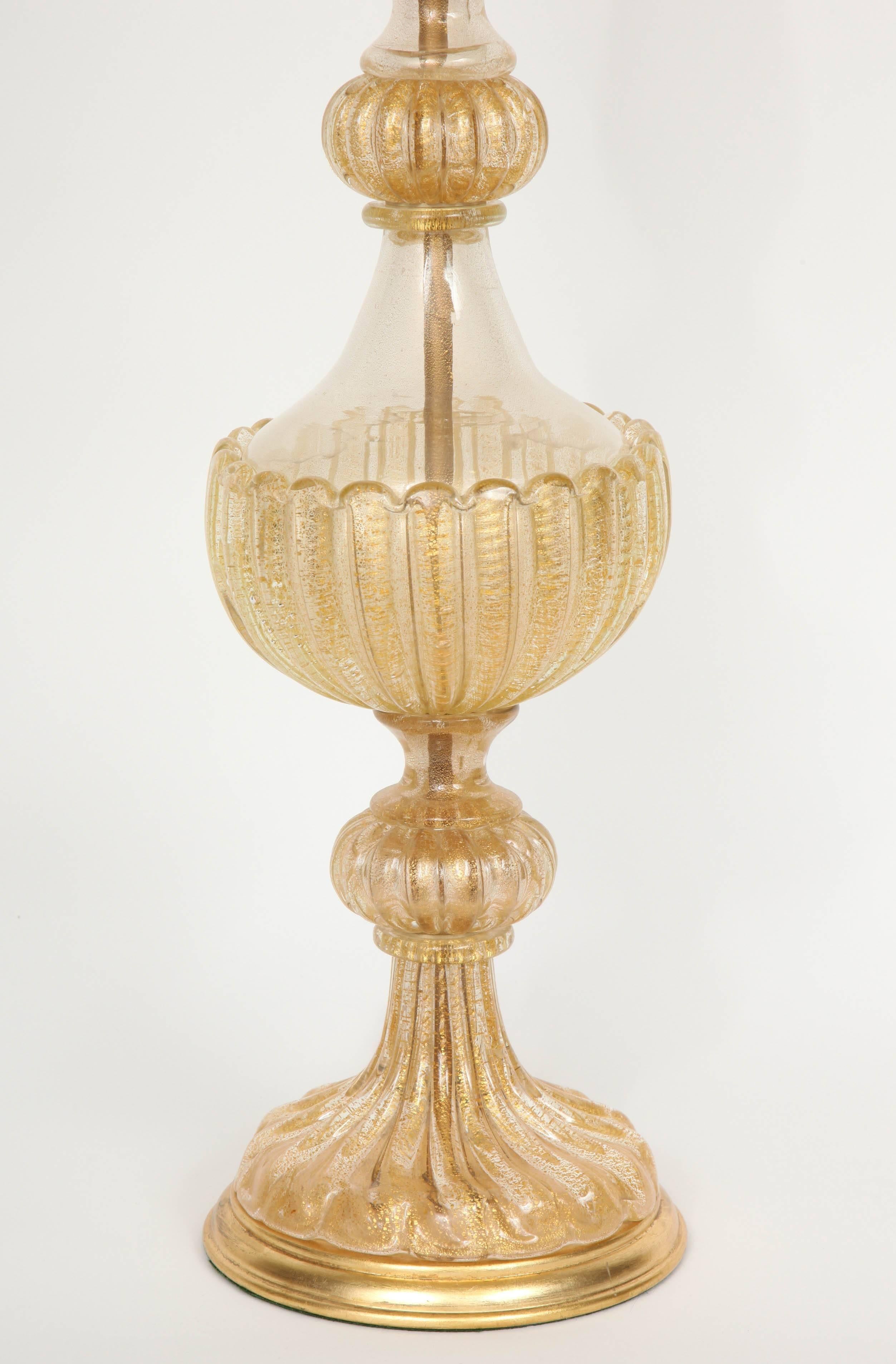 Hollywood Regency Barovier 22kt Gold Fleck Inclusion Murano Glass Lamps
