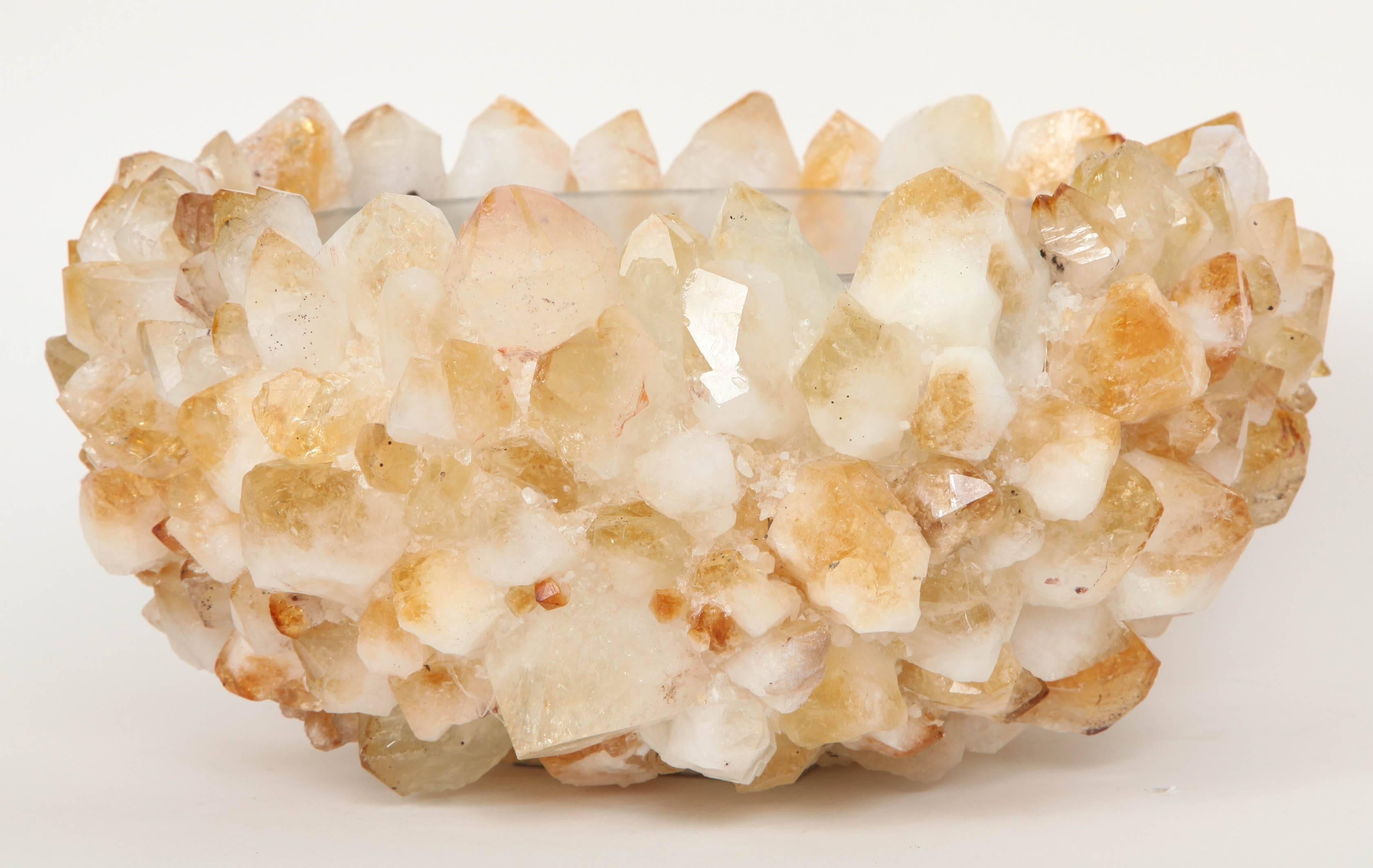 Striking large centerpiece bowl encrusted with faceted citrine quartz.