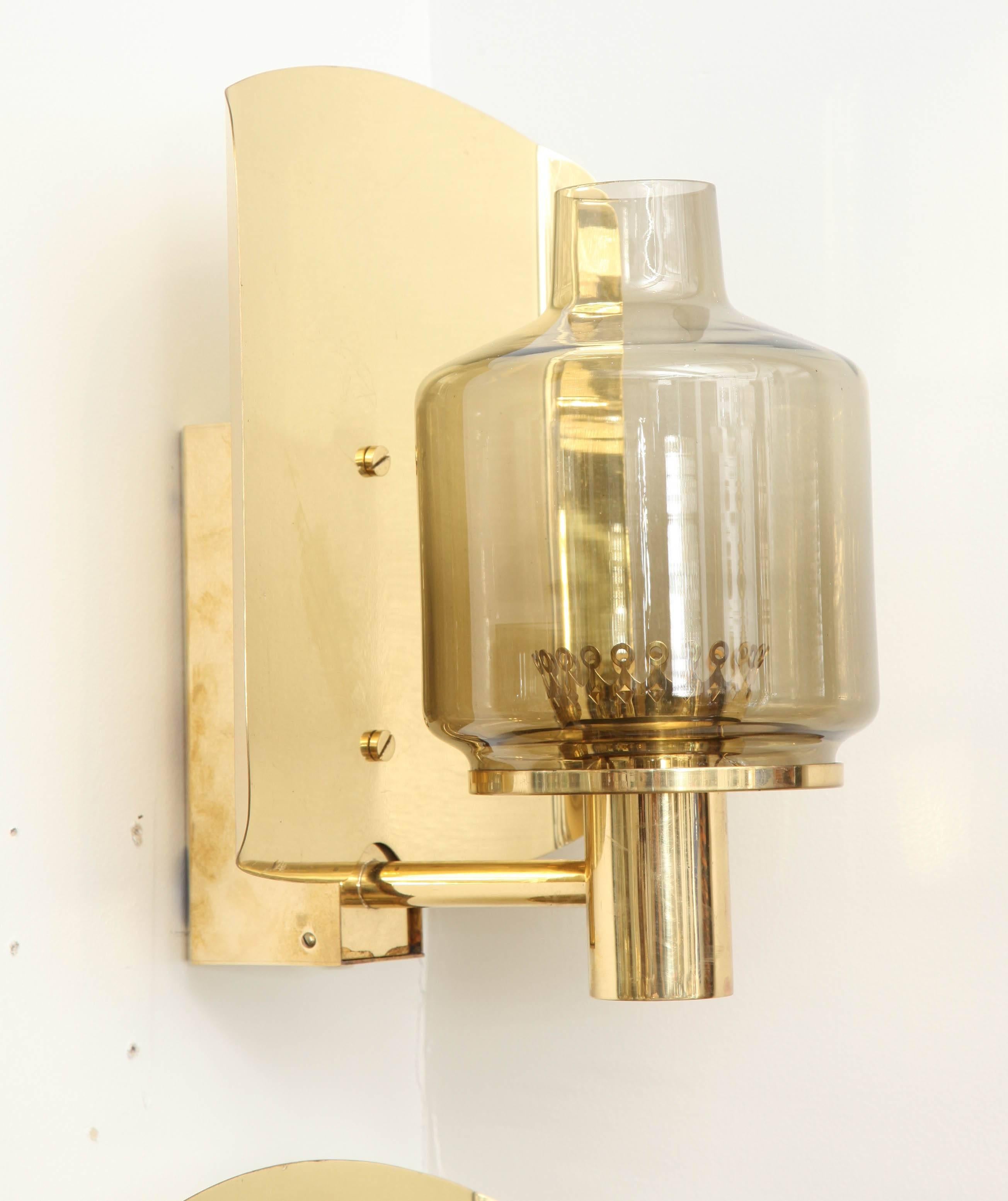 Scandinavian Modern Pair of Brass and Smoked Glass Sconces by Hans-Agne Jakobsson