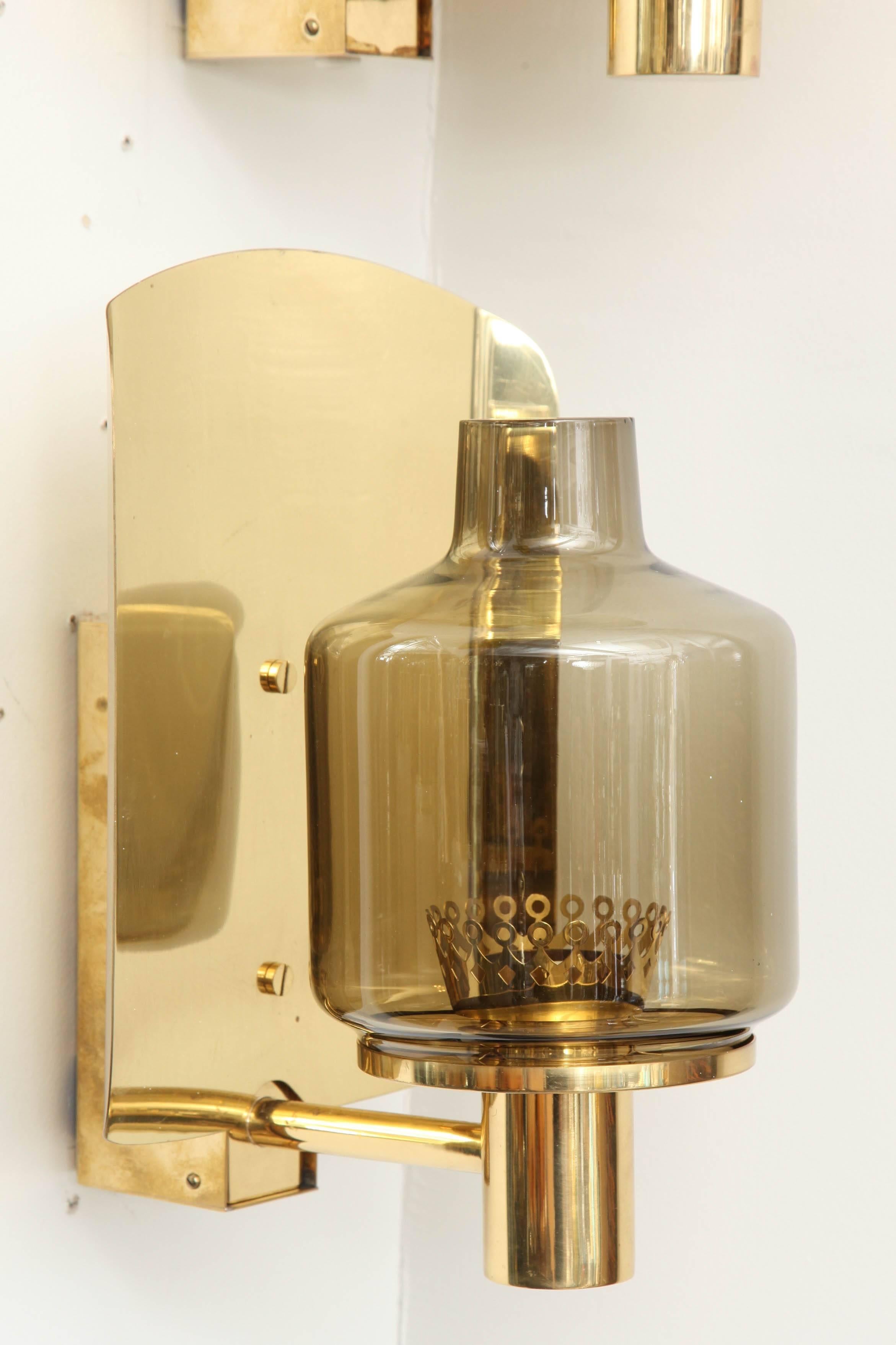 Swedish Pair of Brass and Smoked Glass Sconces by Hans-Agne Jakobsson