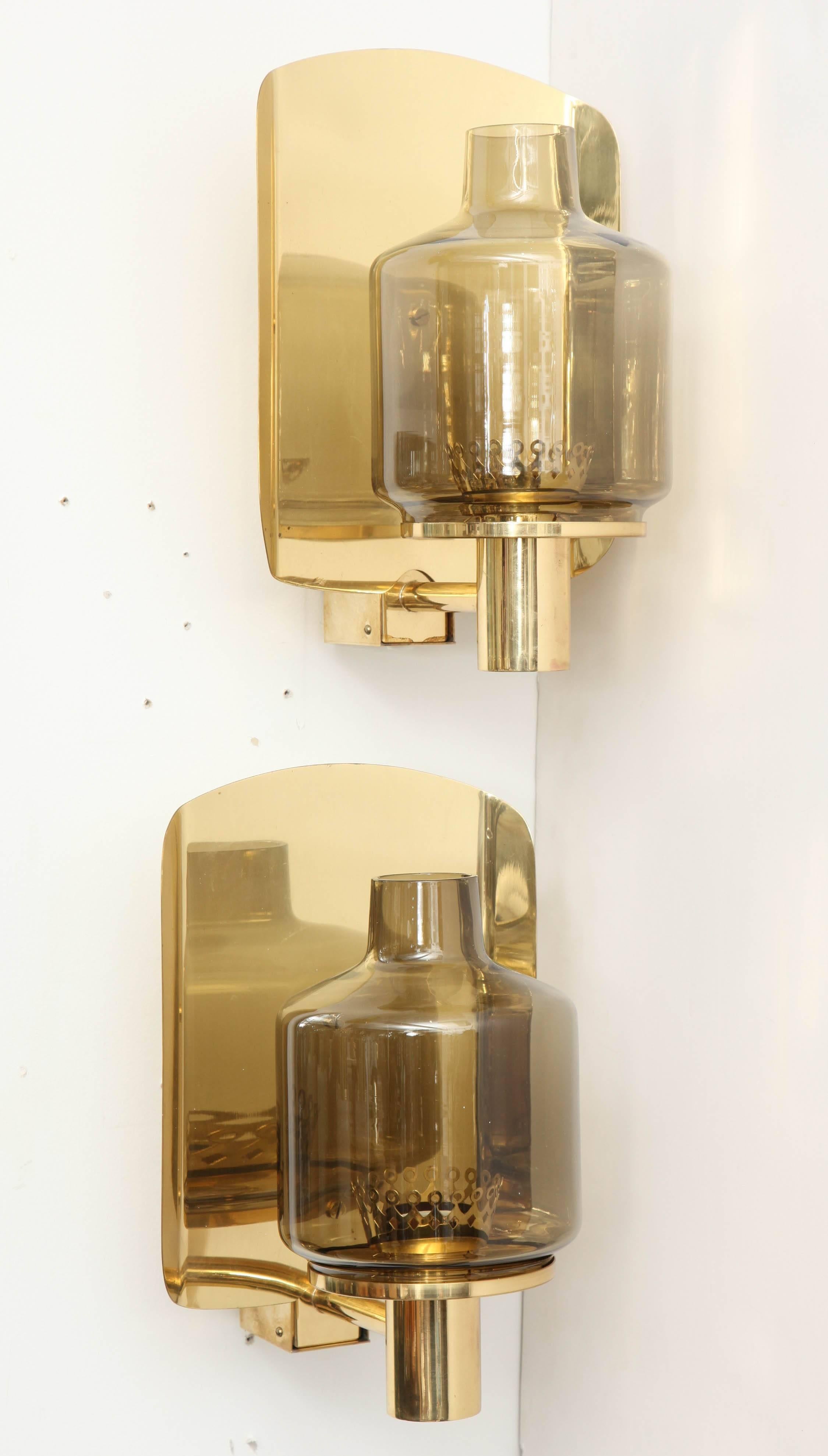 Pair of Brass and Smoked Glass Sconces by Hans-Agne Jakobsson In Excellent Condition In New York, NY